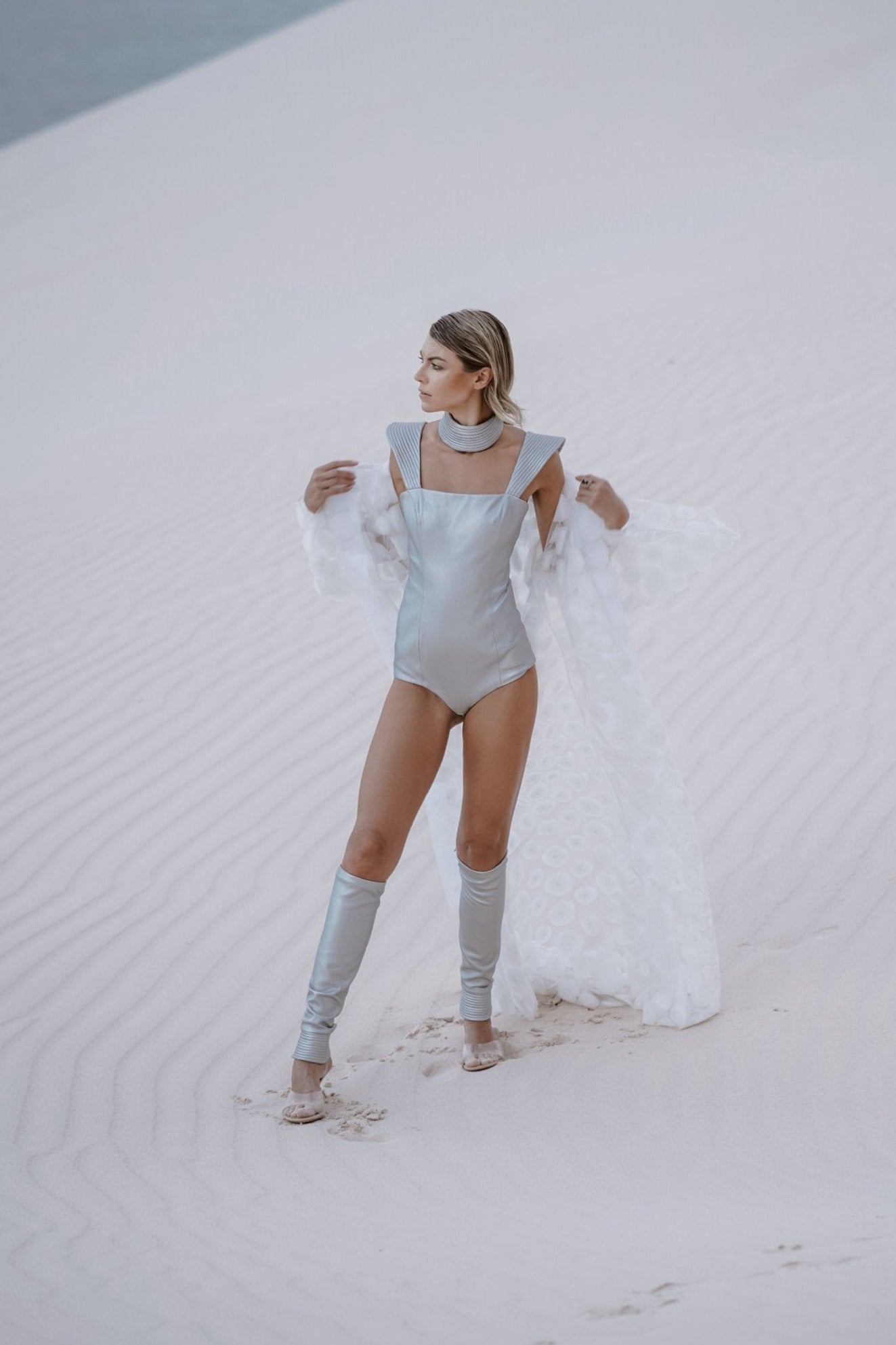 "Guest from the Future" jumpsuit, gaiters and choker