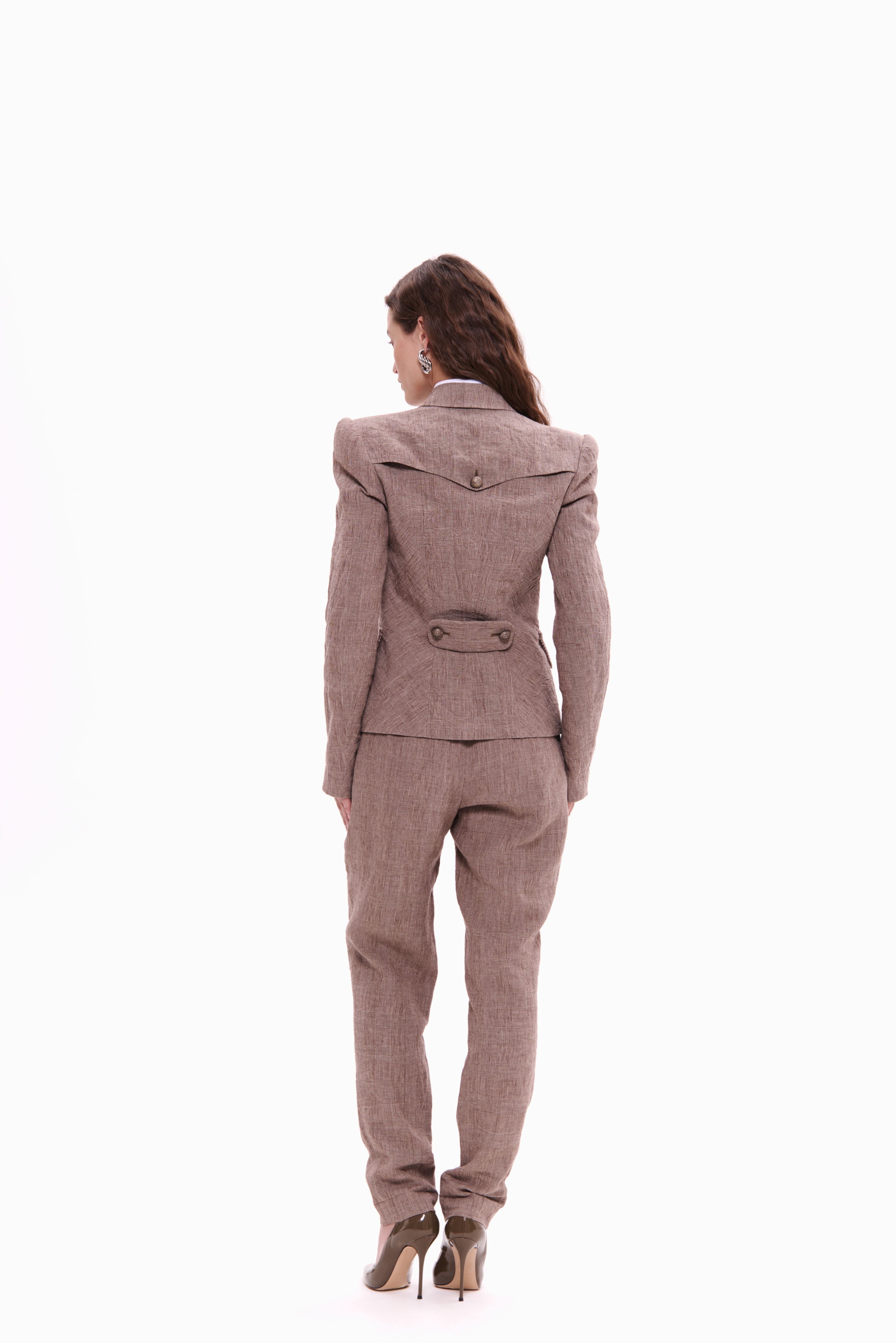 Woman wearing Double-Breasted Linen Jacket Taupe Check by Mimaussy