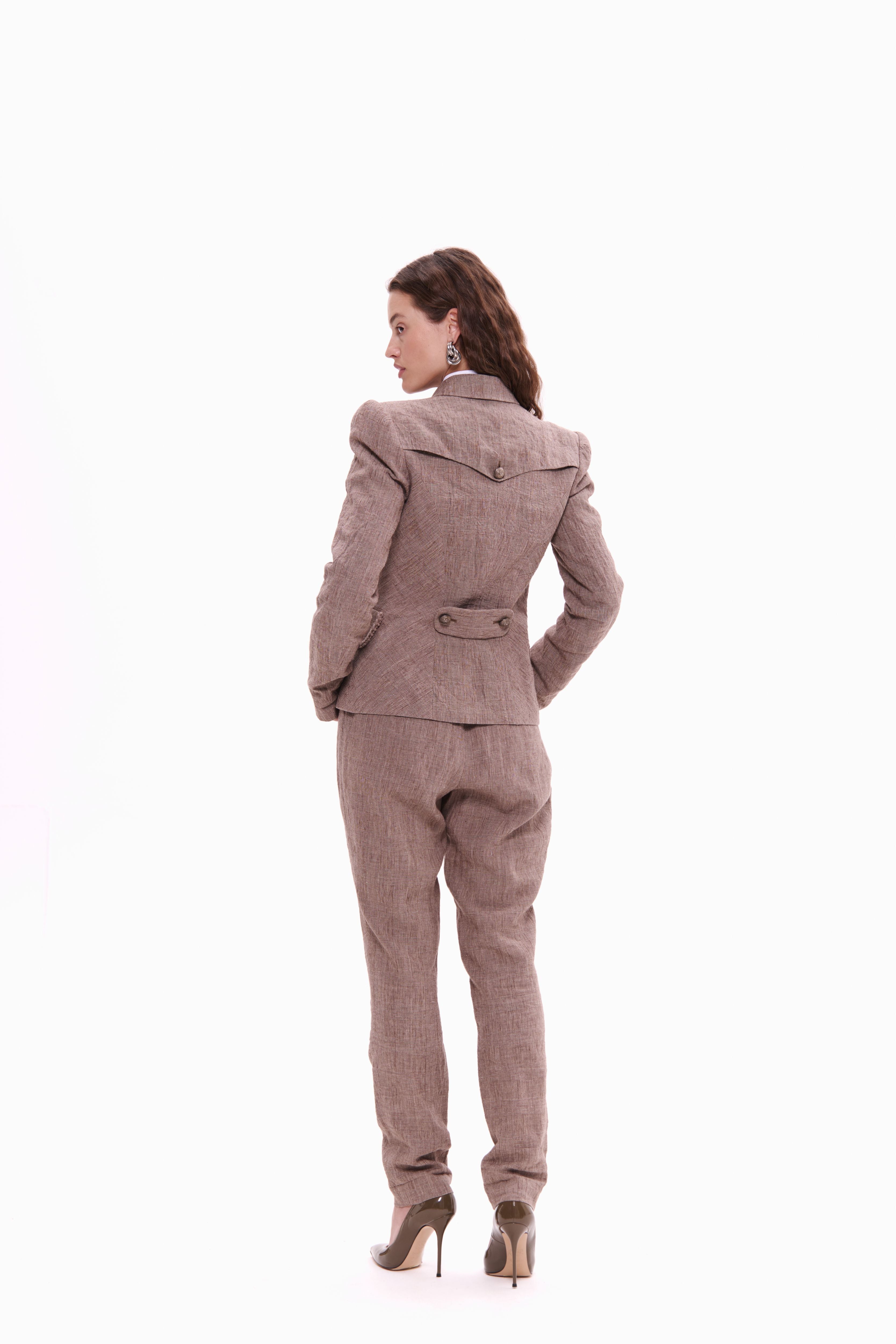 Woman wearing Double-Breasted Linen Jacket Taupe Check by Mimaussy