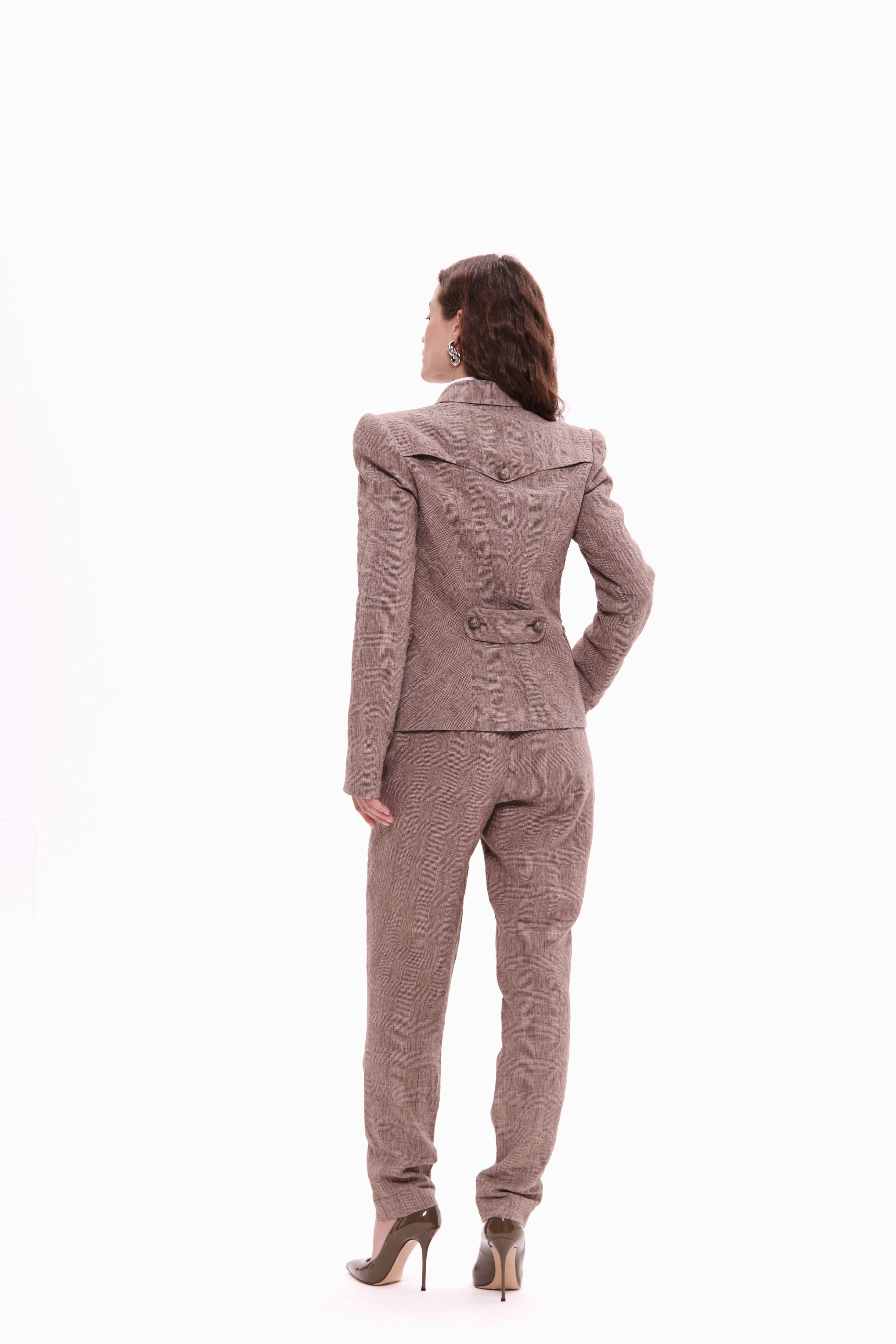 Woman wearing Double-Breasted Linen Jacket Taupe Check by Mimaussy
