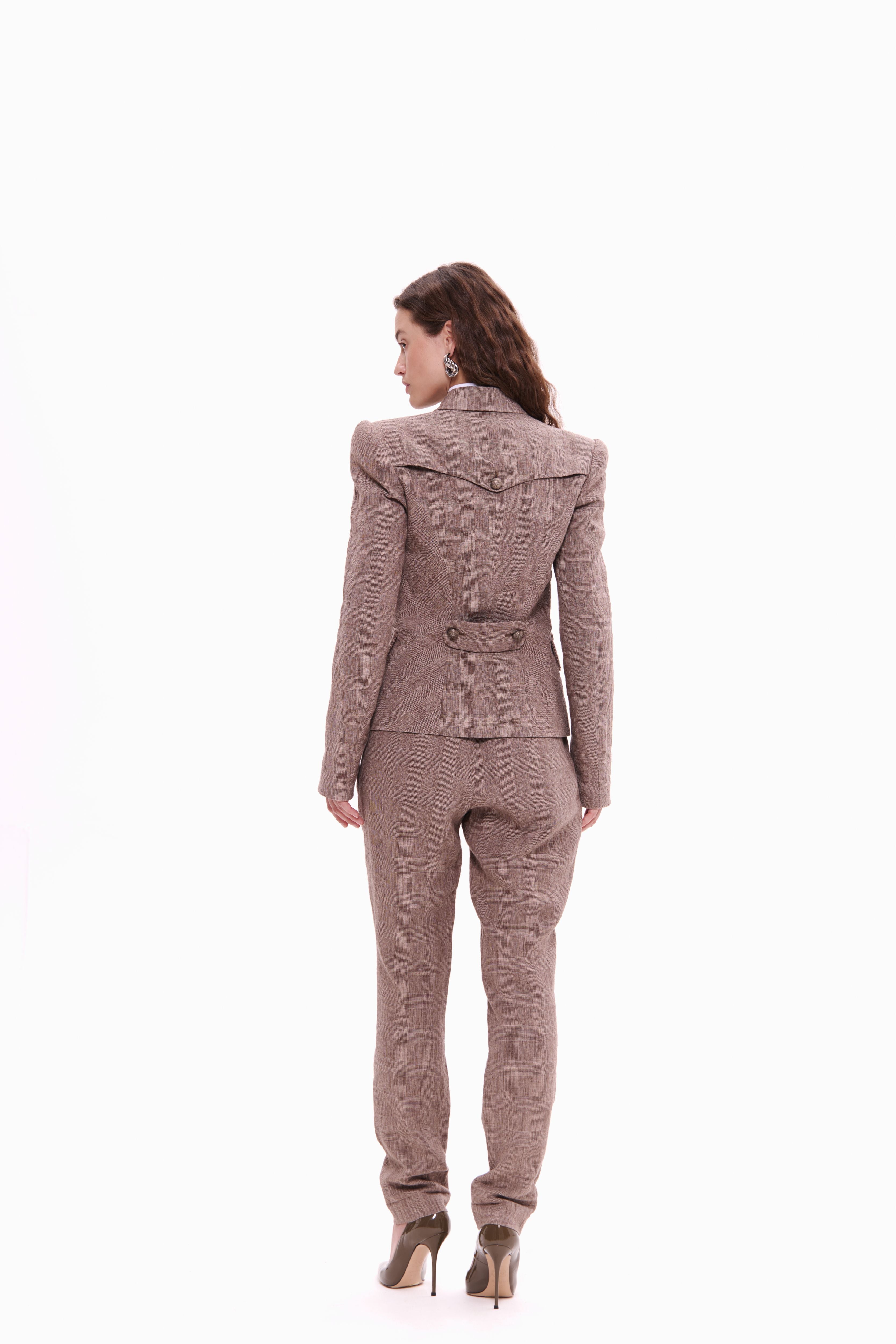 Woman wearing Double-Breasted Linen Jacket Taupe Check by Mimaussy