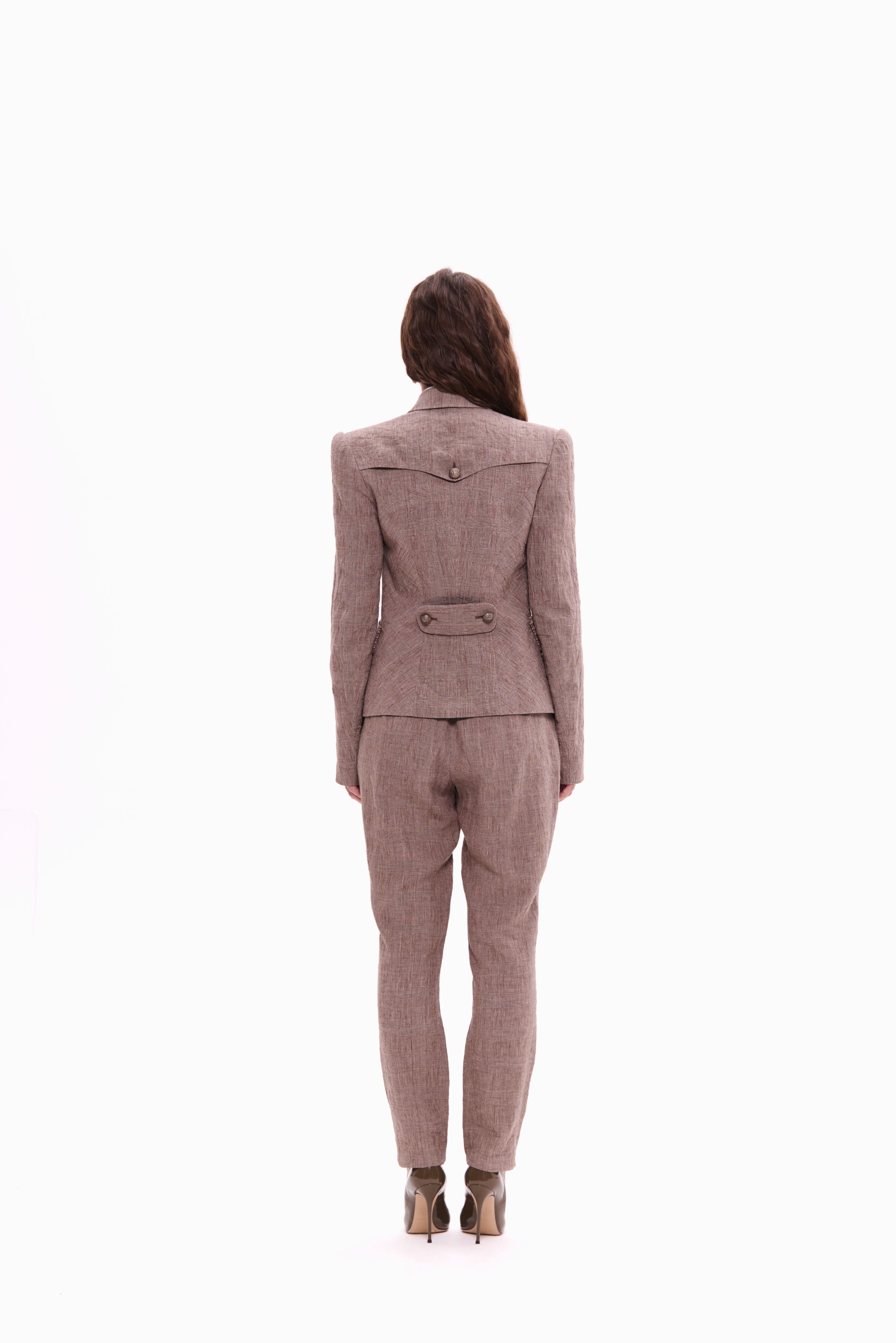 Woman wearing Double-Breasted Linen Jacket Taupe Check by Mimaussy