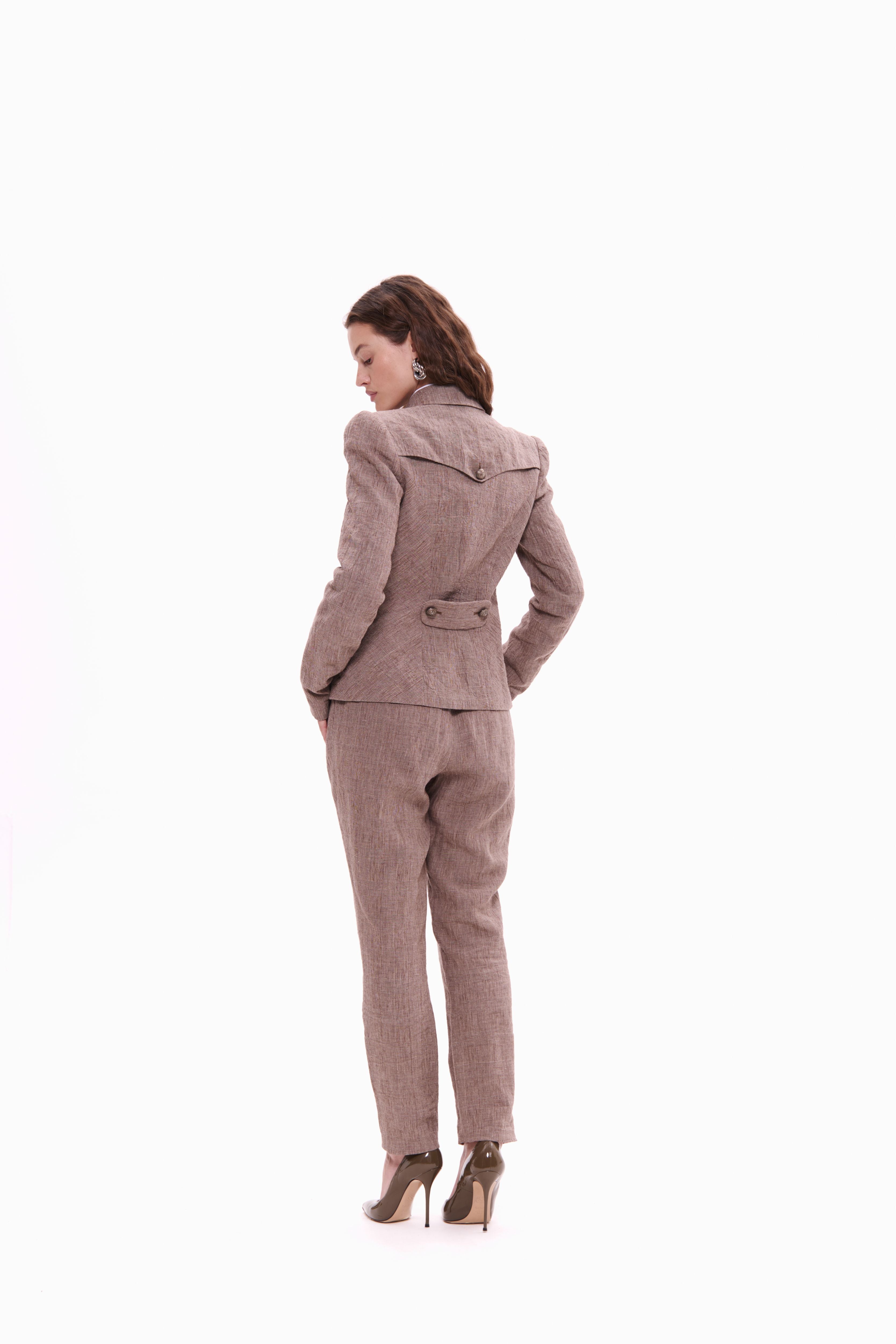Woman wearing Double-Breasted Linen Jacket Taupe Check by Mimaussy