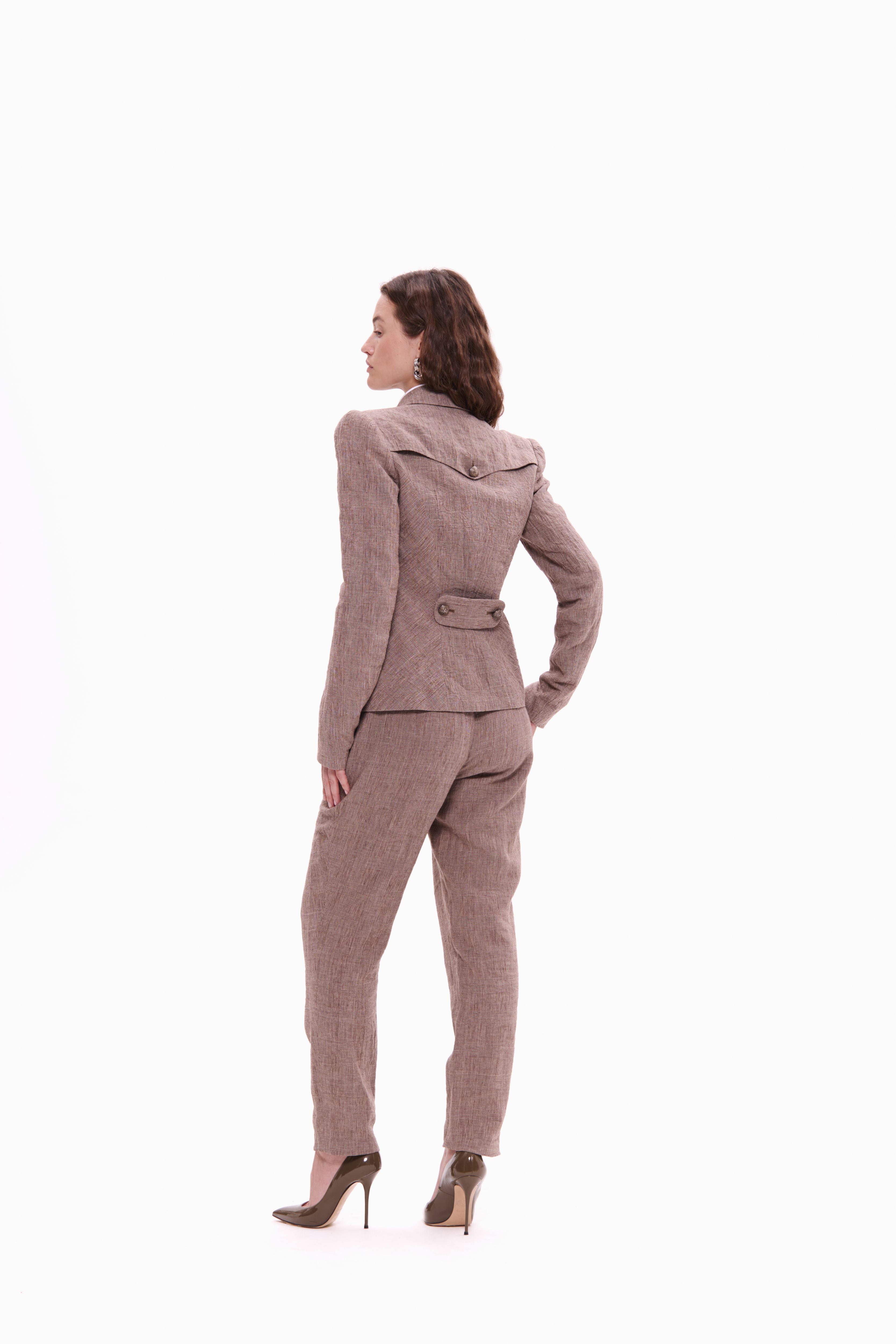 Woman wearing Double-Breasted Linen Jacket Taupe Check by Mimaussy
