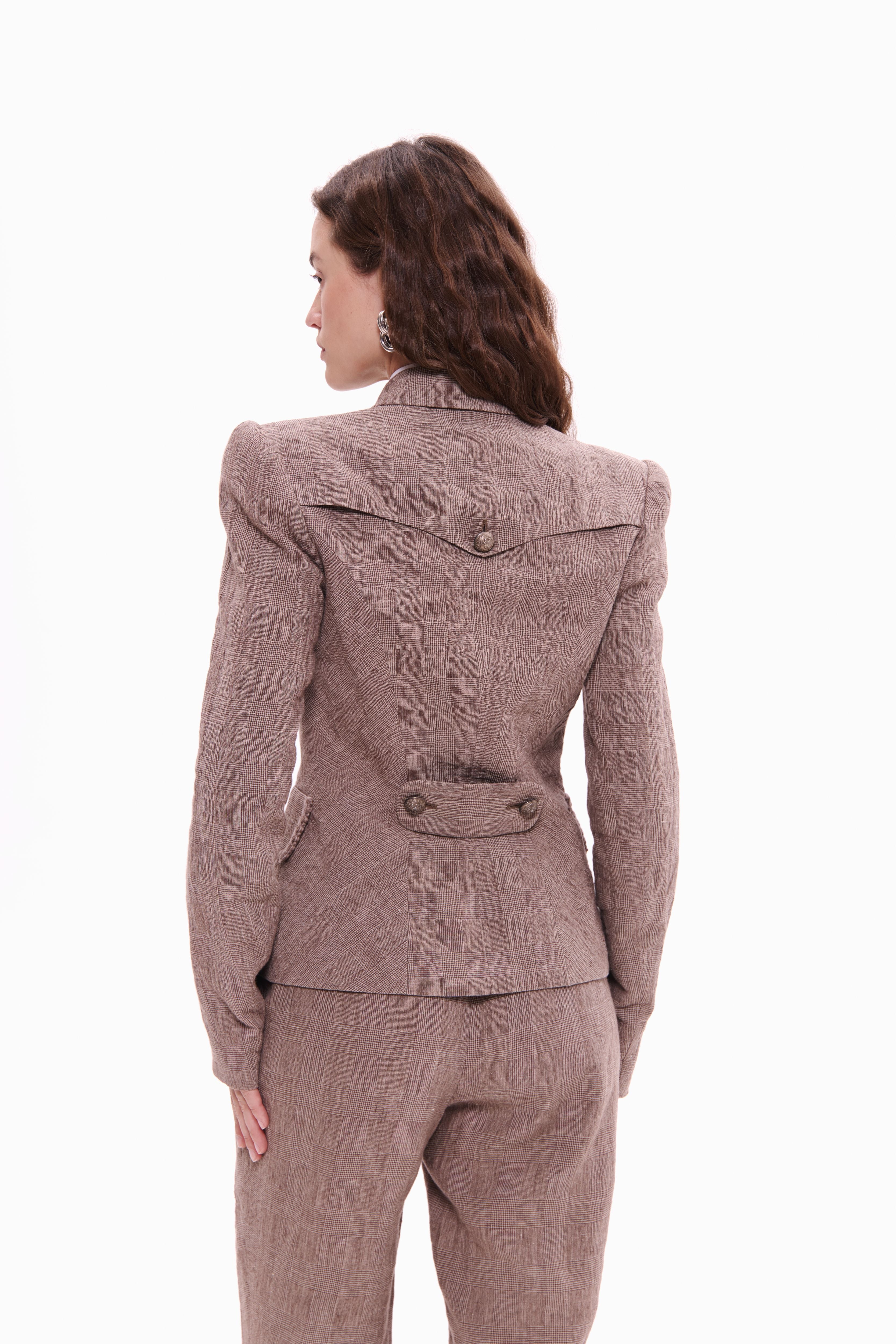 Woman wearing Double-Breasted Linen Jacket Taupe Check by Mimaussy