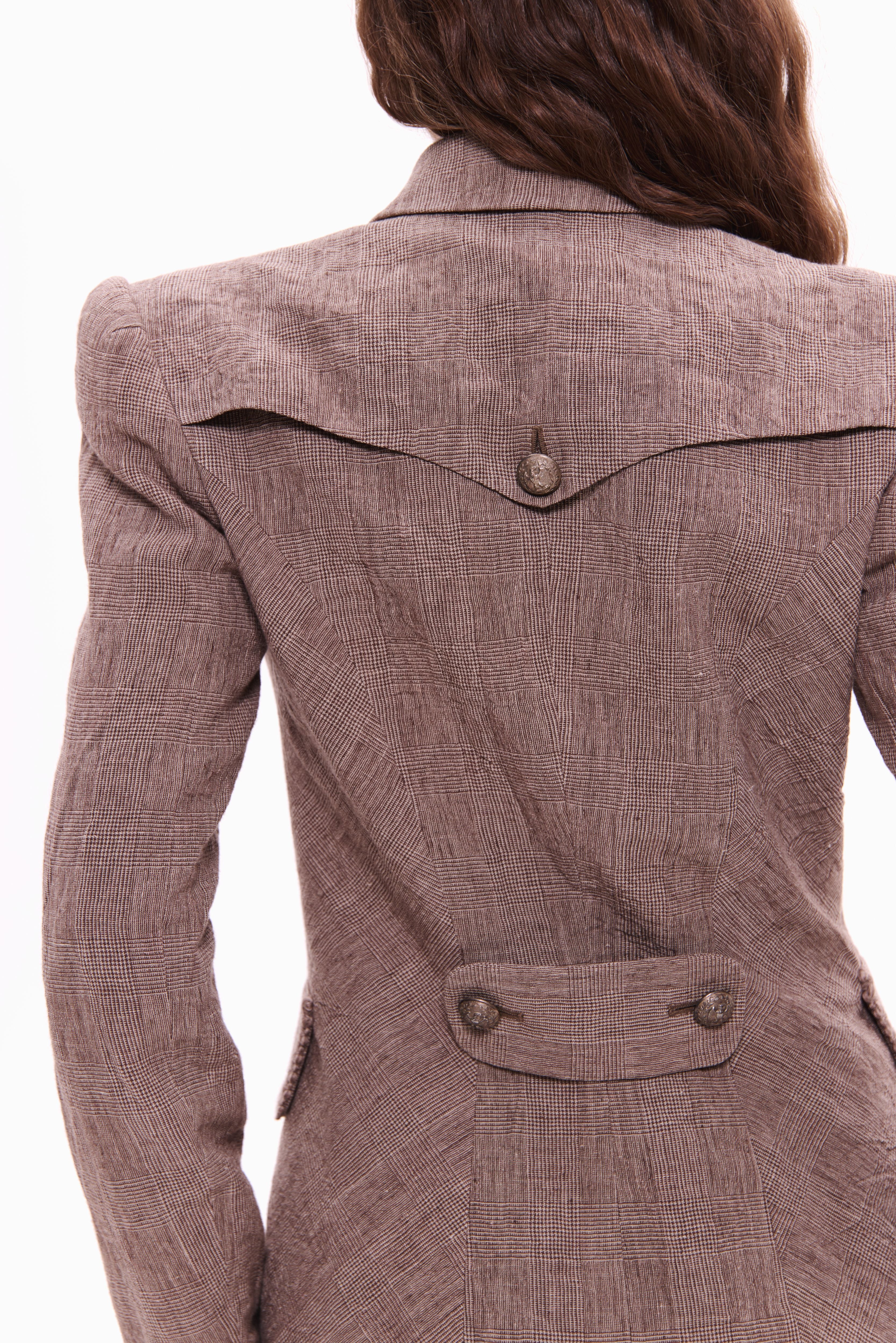 Woman wearing Double-Breasted Linen Jacket Taupe Check by Mimaussy