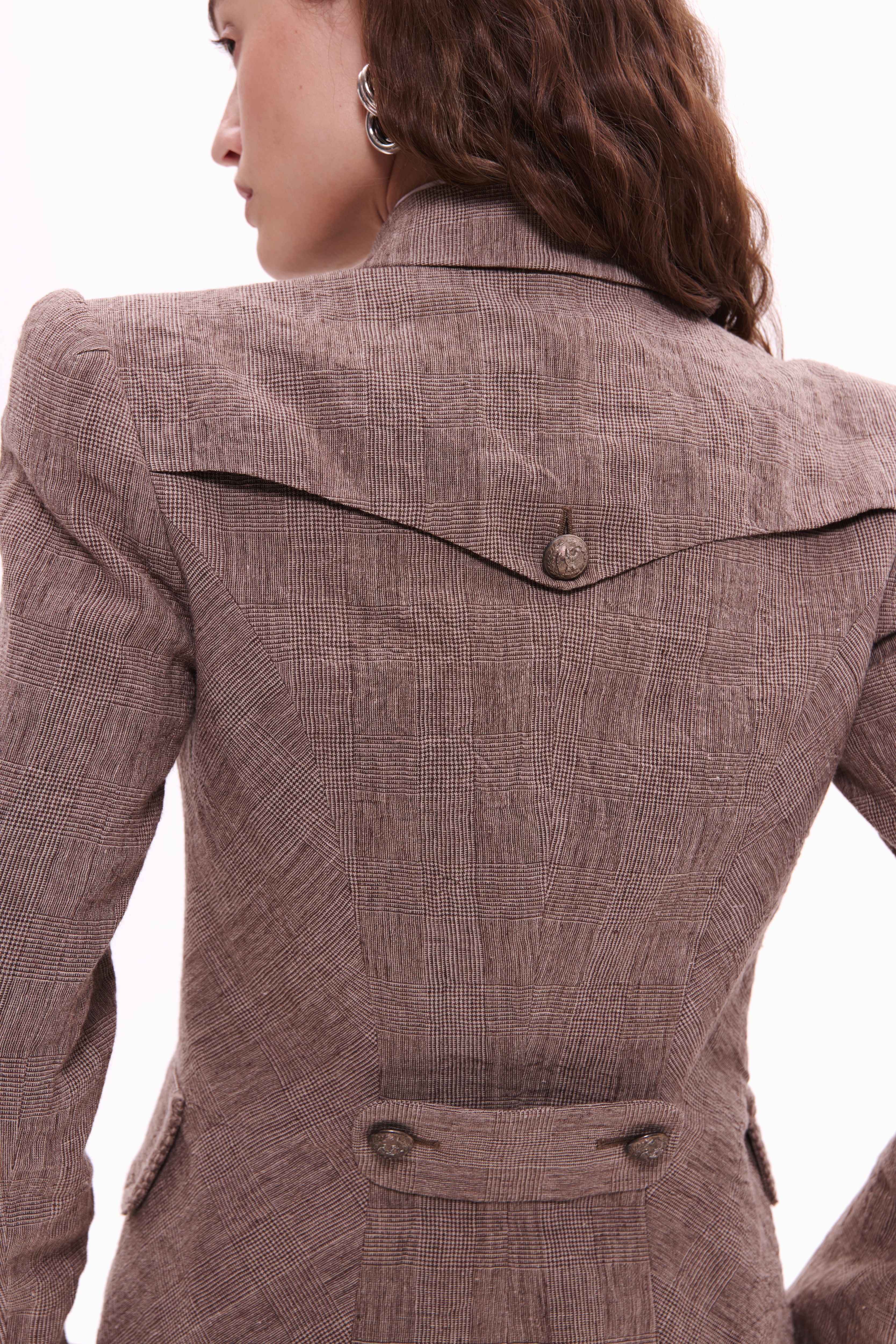 Woman wearing Double-Breasted Linen Jacket Taupe Check by Mimaussy