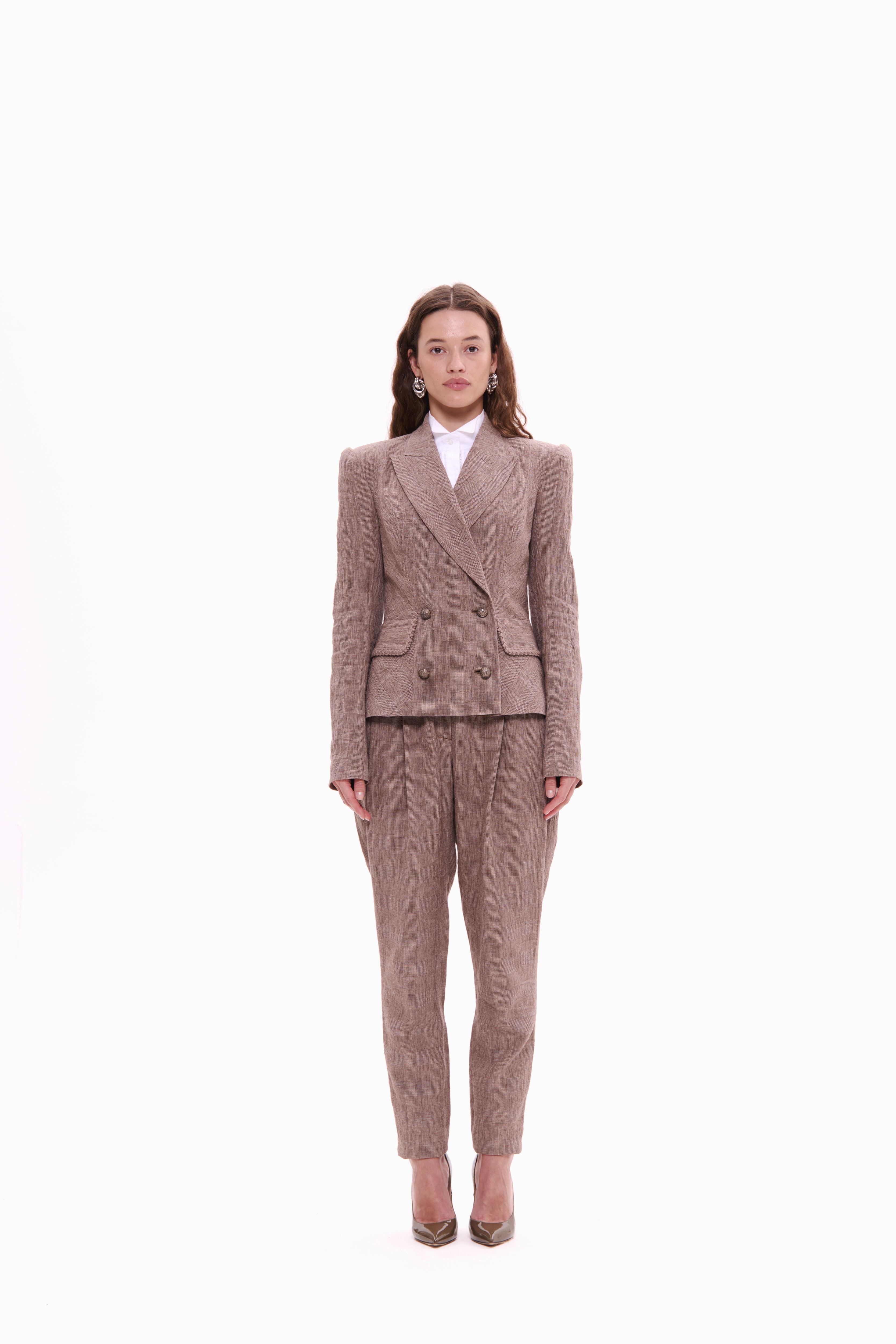 Woman wearing Double-Breasted Linen Jacket Taupe Check by Mimaussy