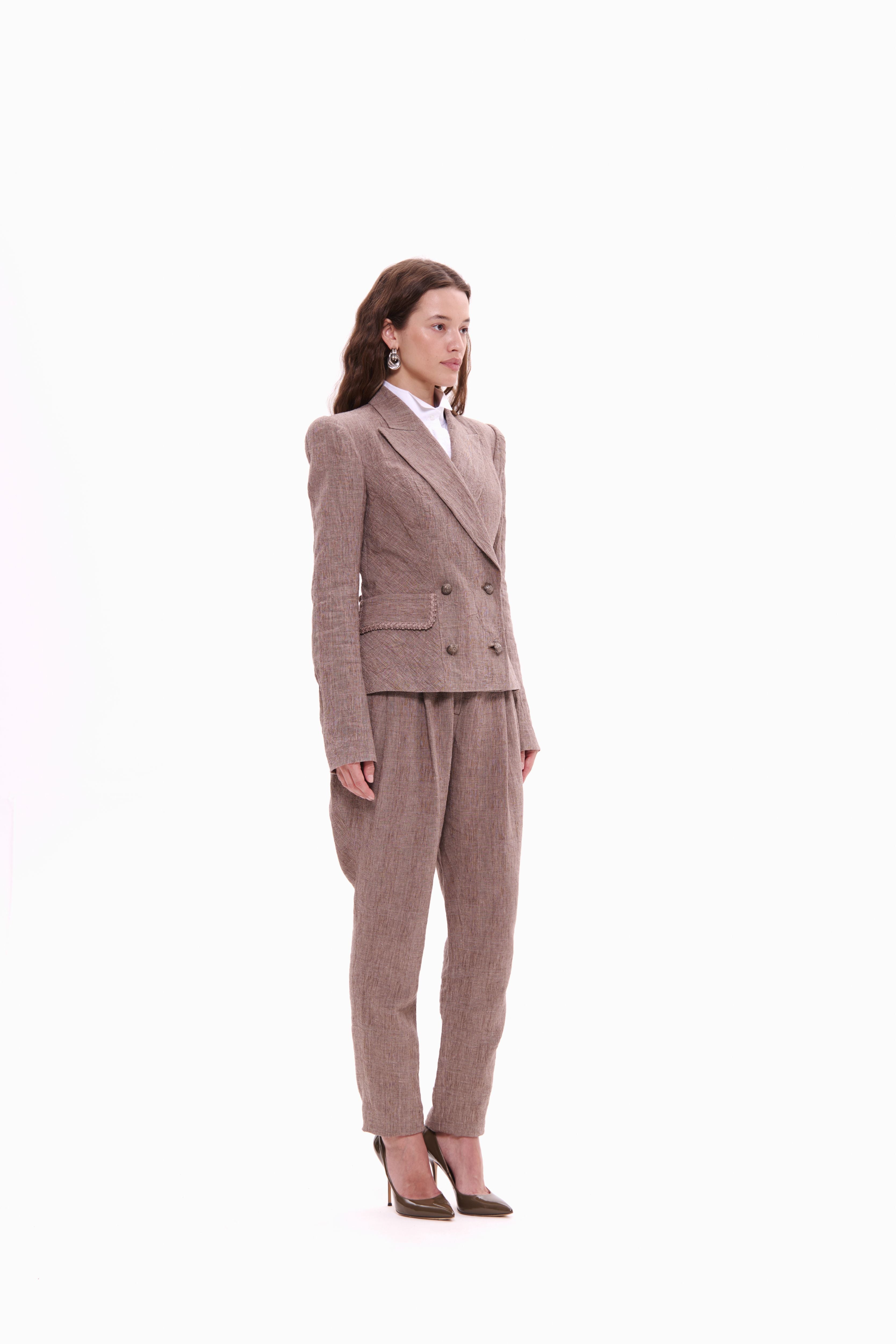 Woman wearing Double-Breasted Linen Jacket Taupe Check by Mimaussy