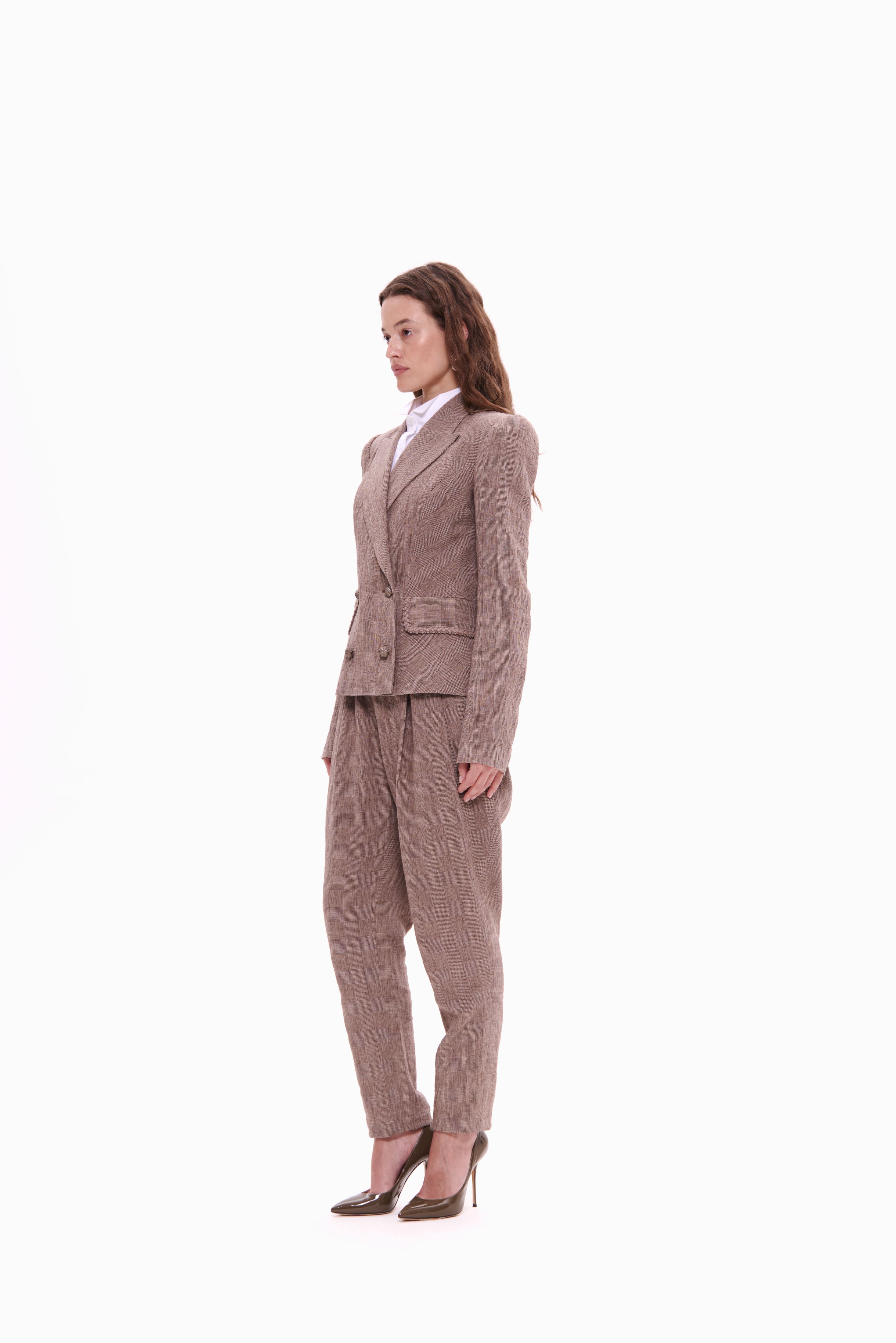Woman wearing Double-Breasted Linen Jacket Taupe Check by Mimaussy