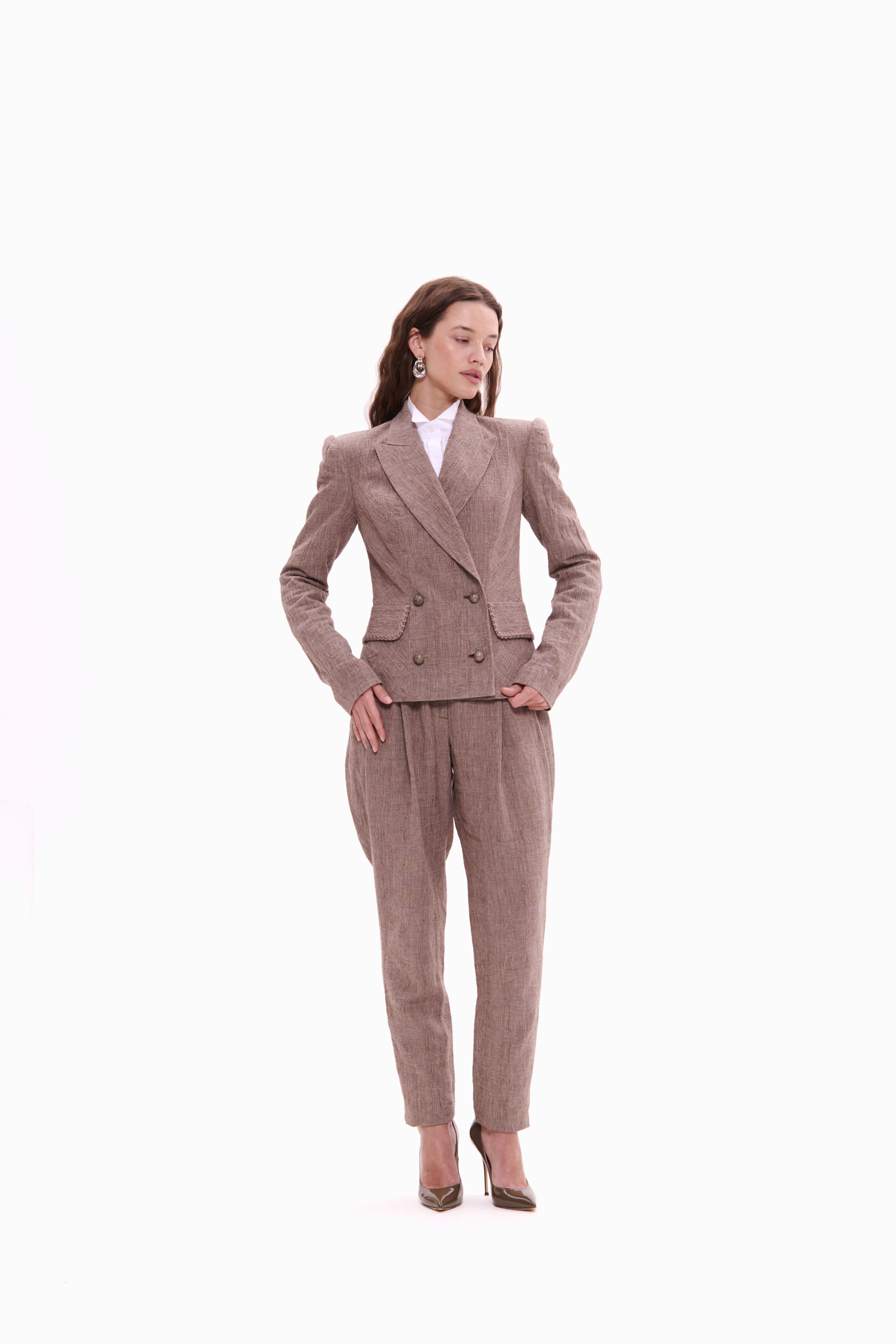 Woman wearing Double-Breasted Linen Jacket Taupe Check by Mimaussy