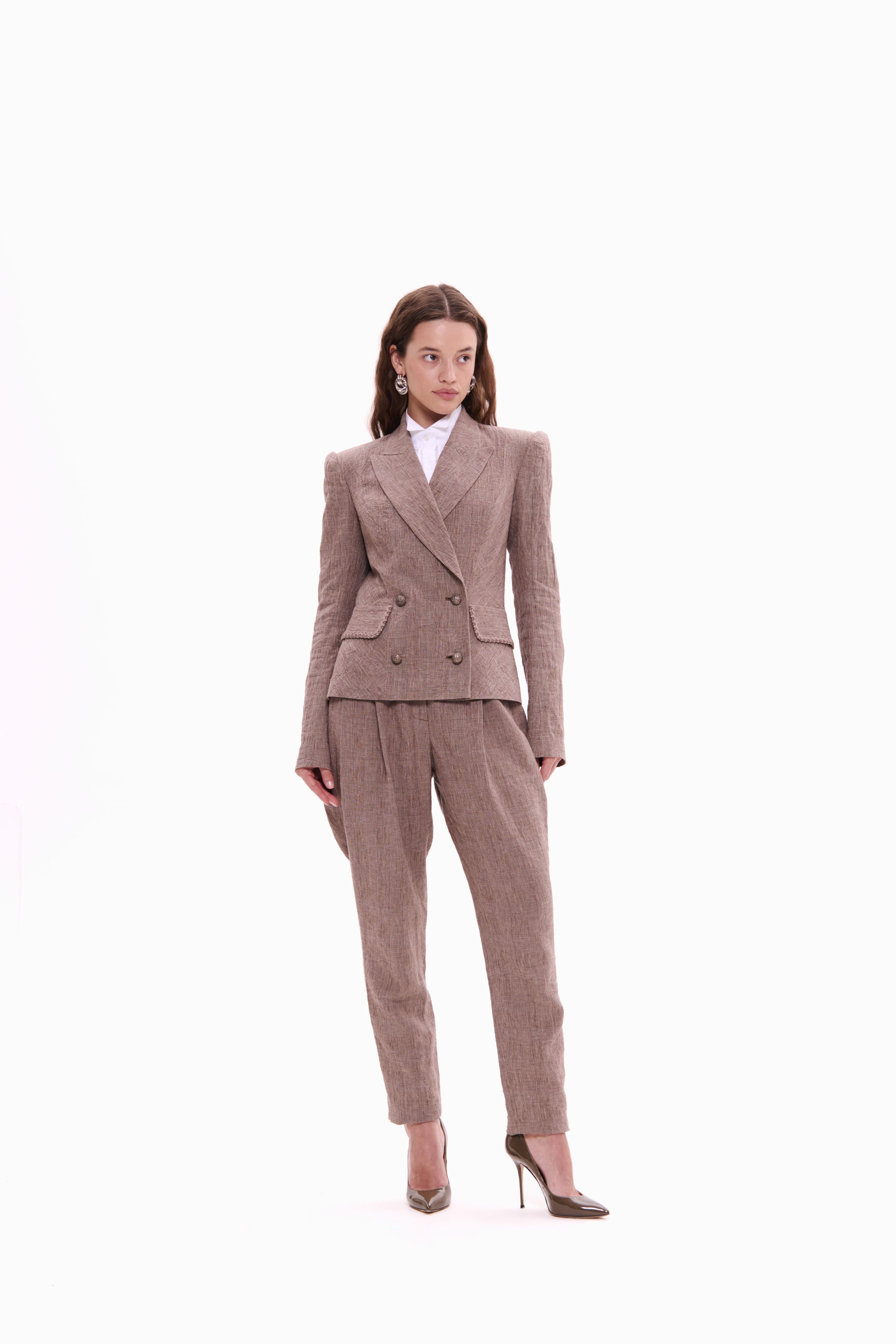 Woman wearing Double-Breasted Linen Jacket Taupe Check by Mimaussy