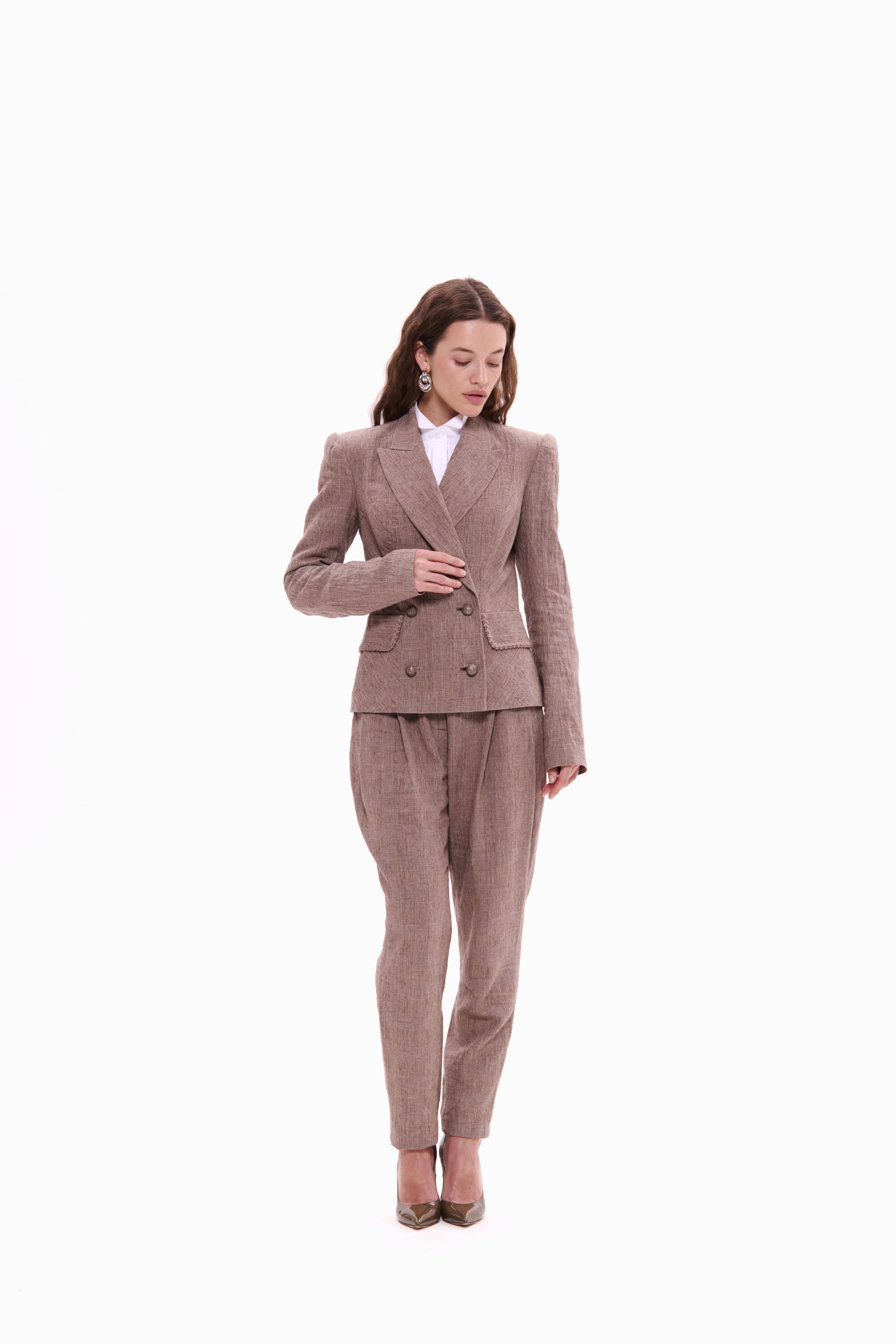 Woman wearing Double-Breasted Linen Jacket Taupe Check by Mimaussy