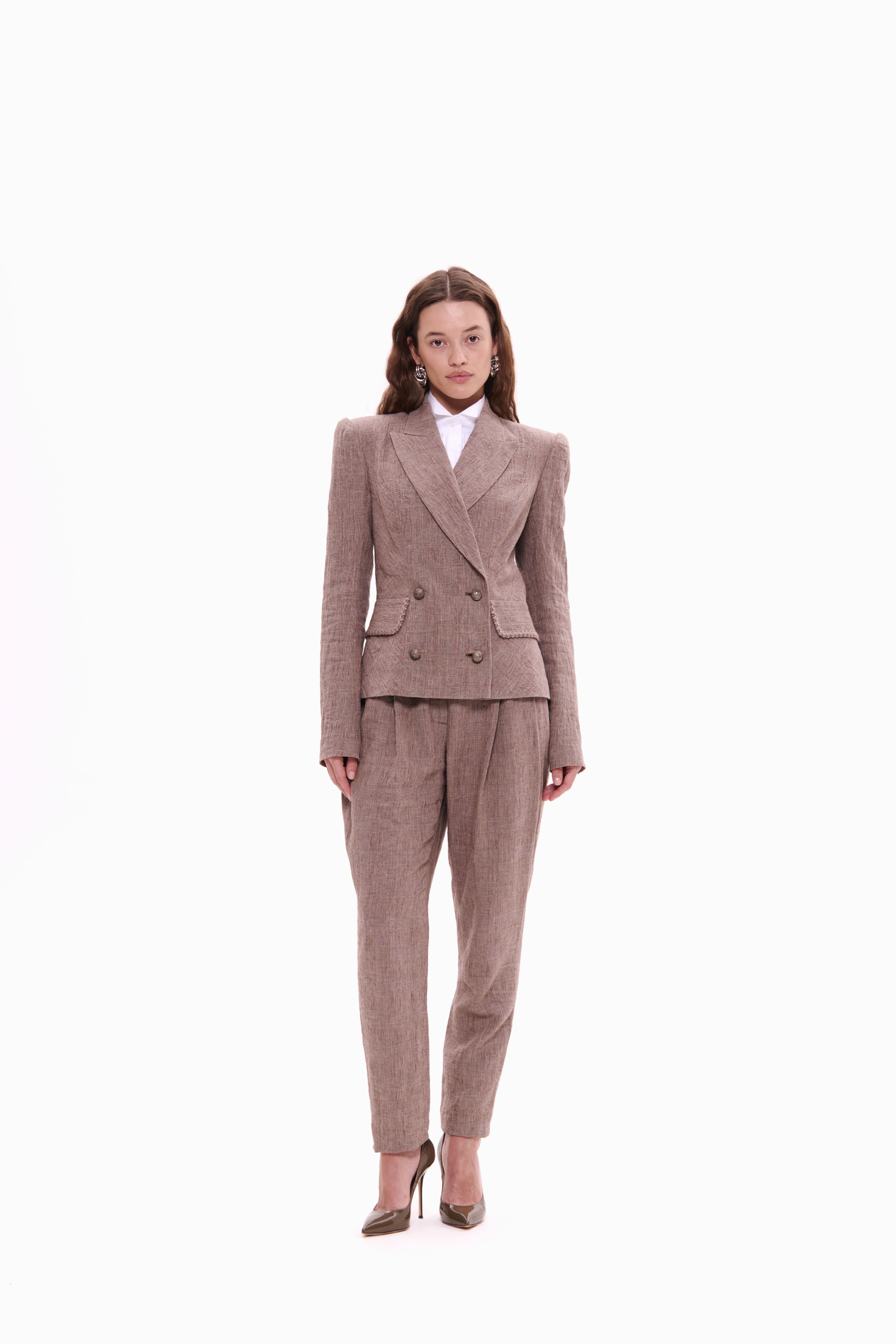 Woman wearing Double-Breasted Linen Jacket Taupe Check by Mimaussy