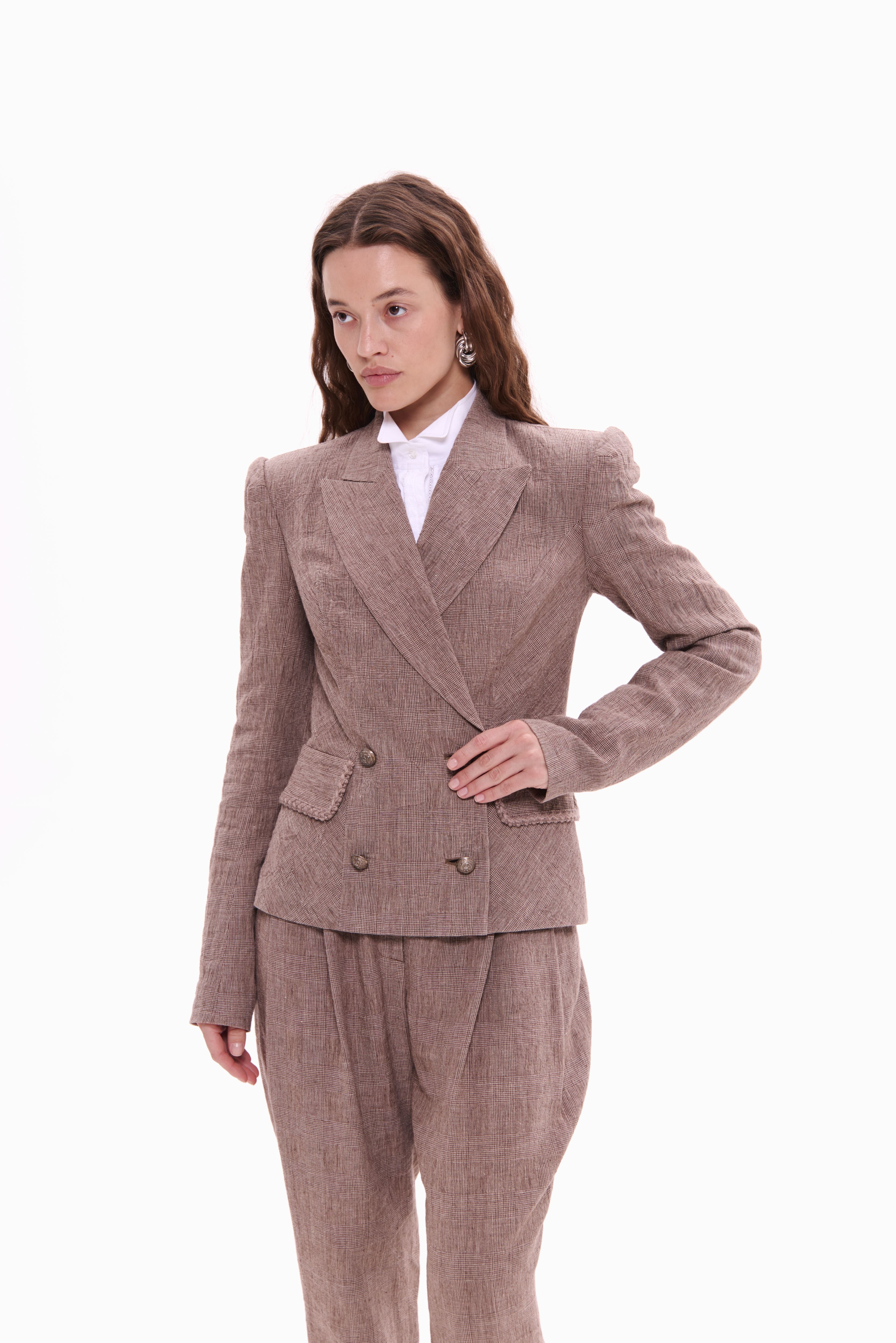 Woman wearing Double-Breasted Linen Jacket Taupe Check by Mimaussy