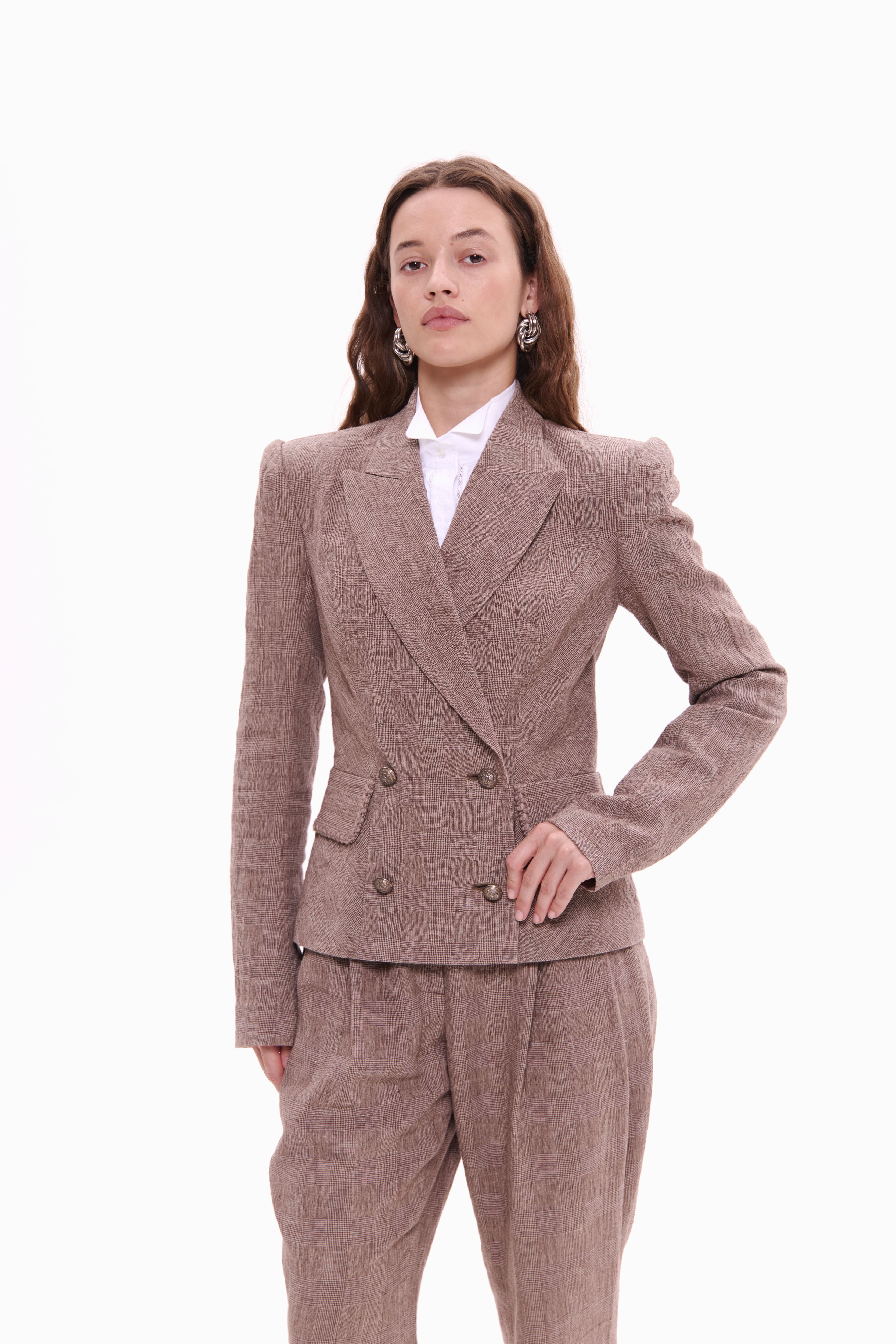 Woman wearing Double-Breasted Linen Jacket Taupe Check by Mimaussy