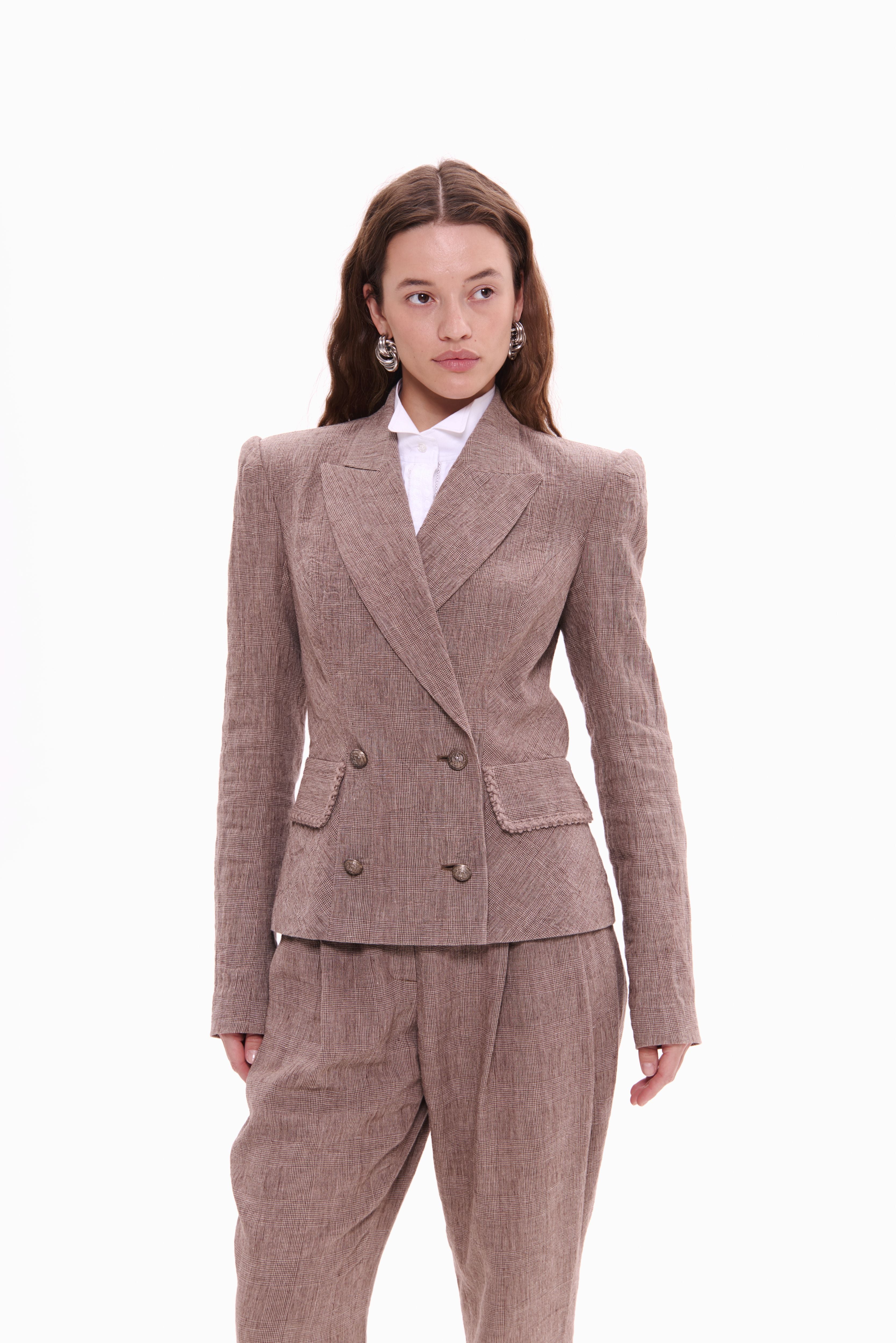 Woman wearing Double-Breasted Linen Jacket Taupe Check by Mimaussy