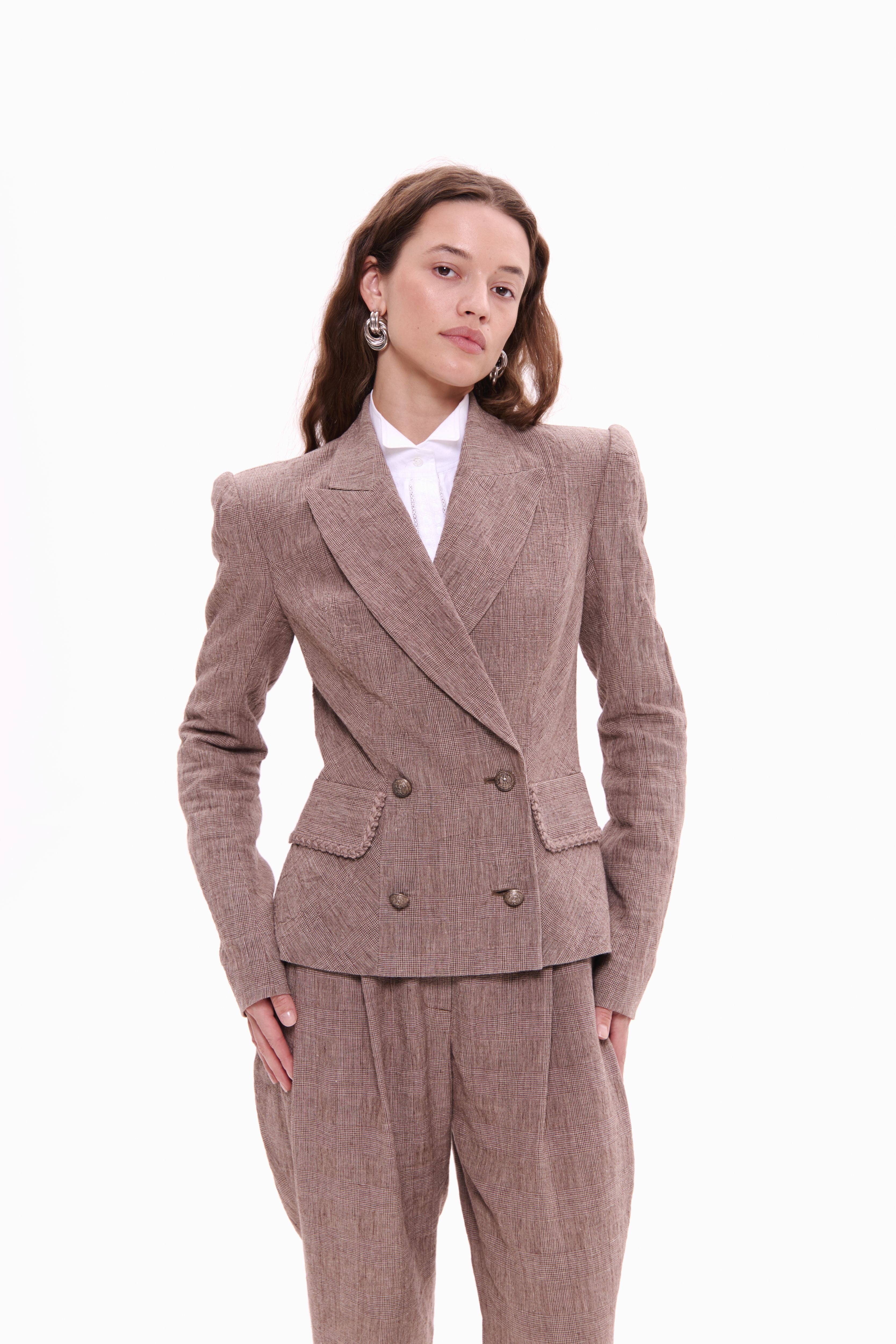 Woman wearing Double-Breasted Linen Jacket Taupe Check by Mimaussy