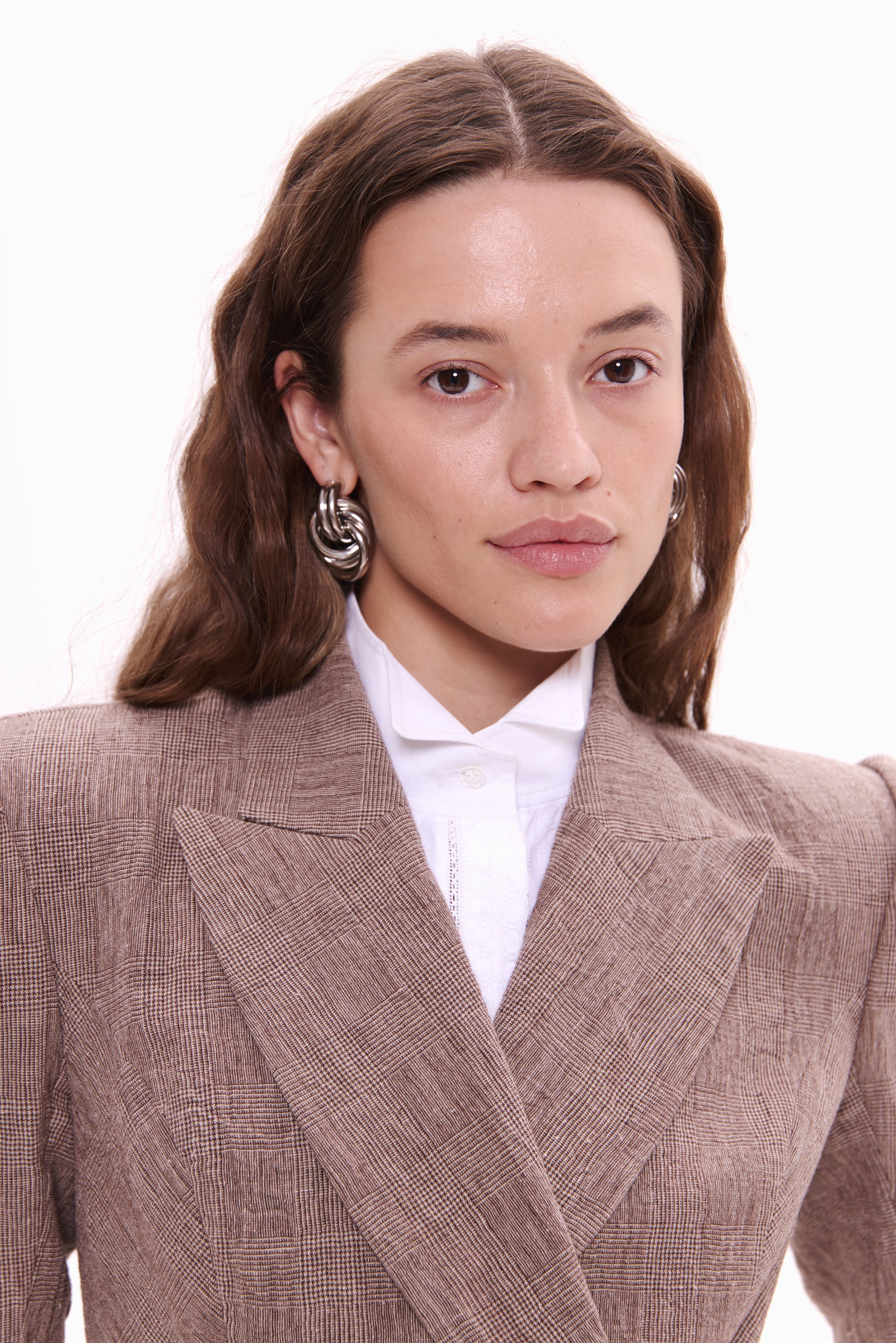 Woman wearing Double-Breasted Linen Jacket Taupe Check by Mimaussy