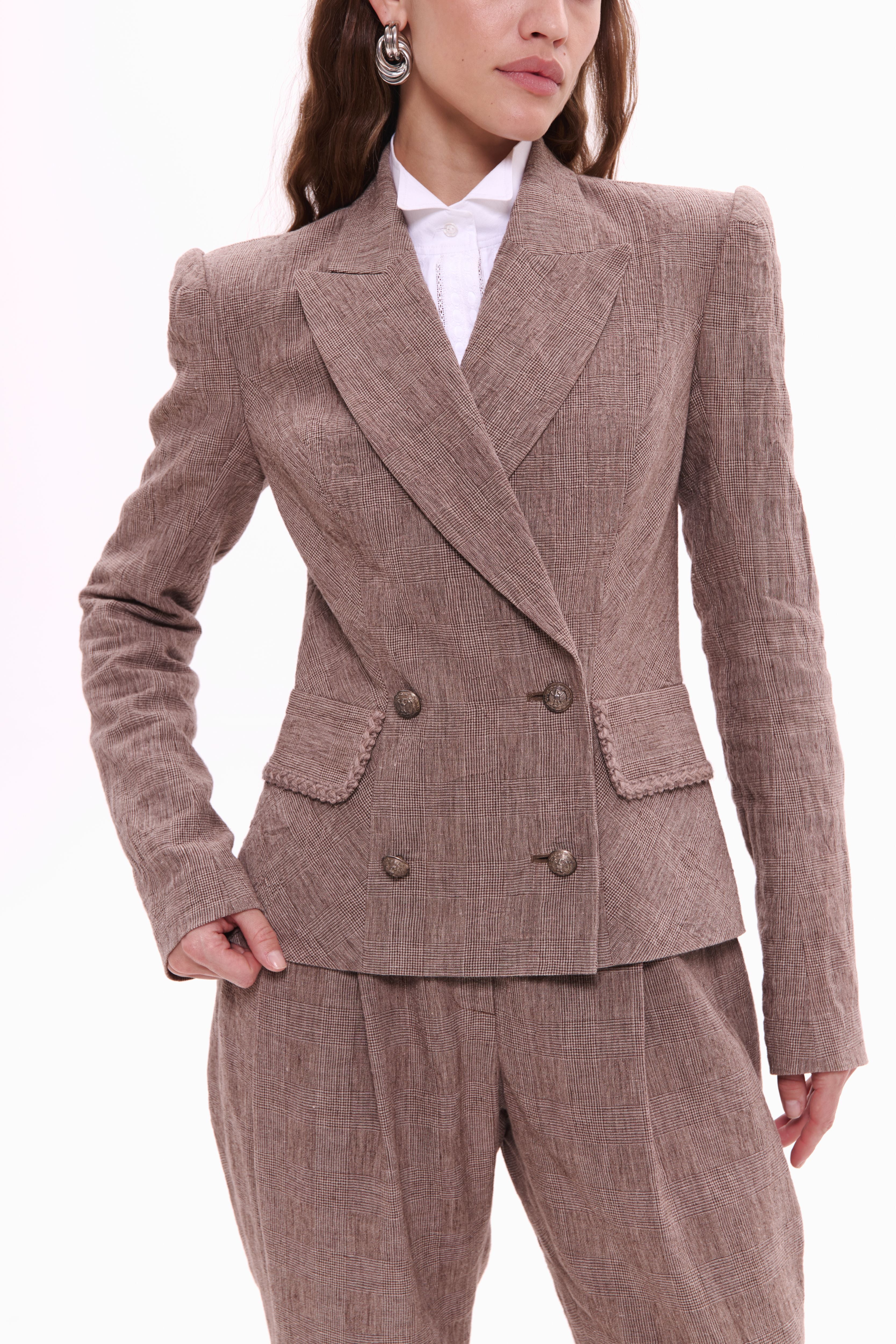 Woman wearing Double-Breasted Linen Jacket Taupe Check by Mimaussy