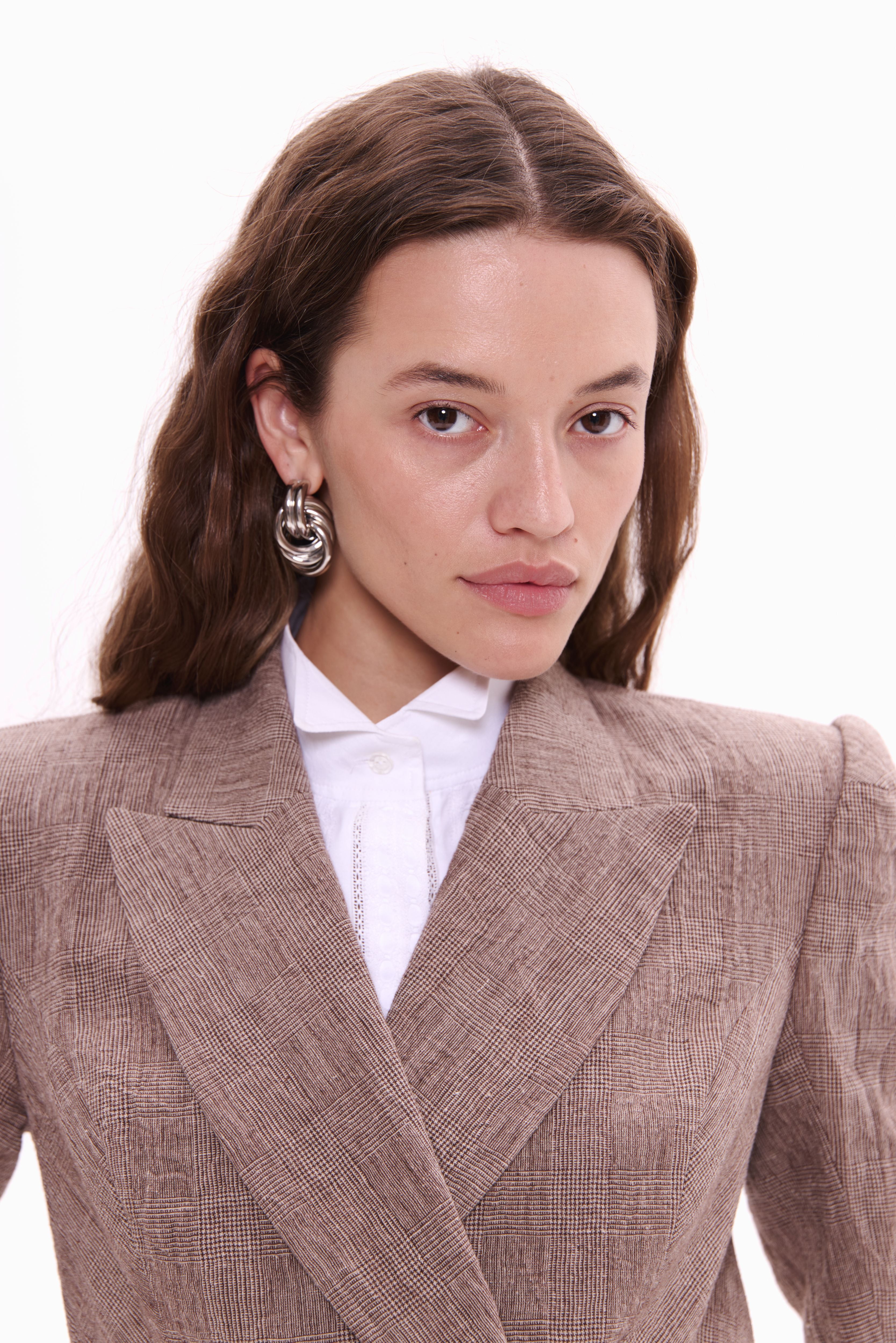 Woman wearing Double-Breasted Linen Jacket Taupe Check by Mimaussy