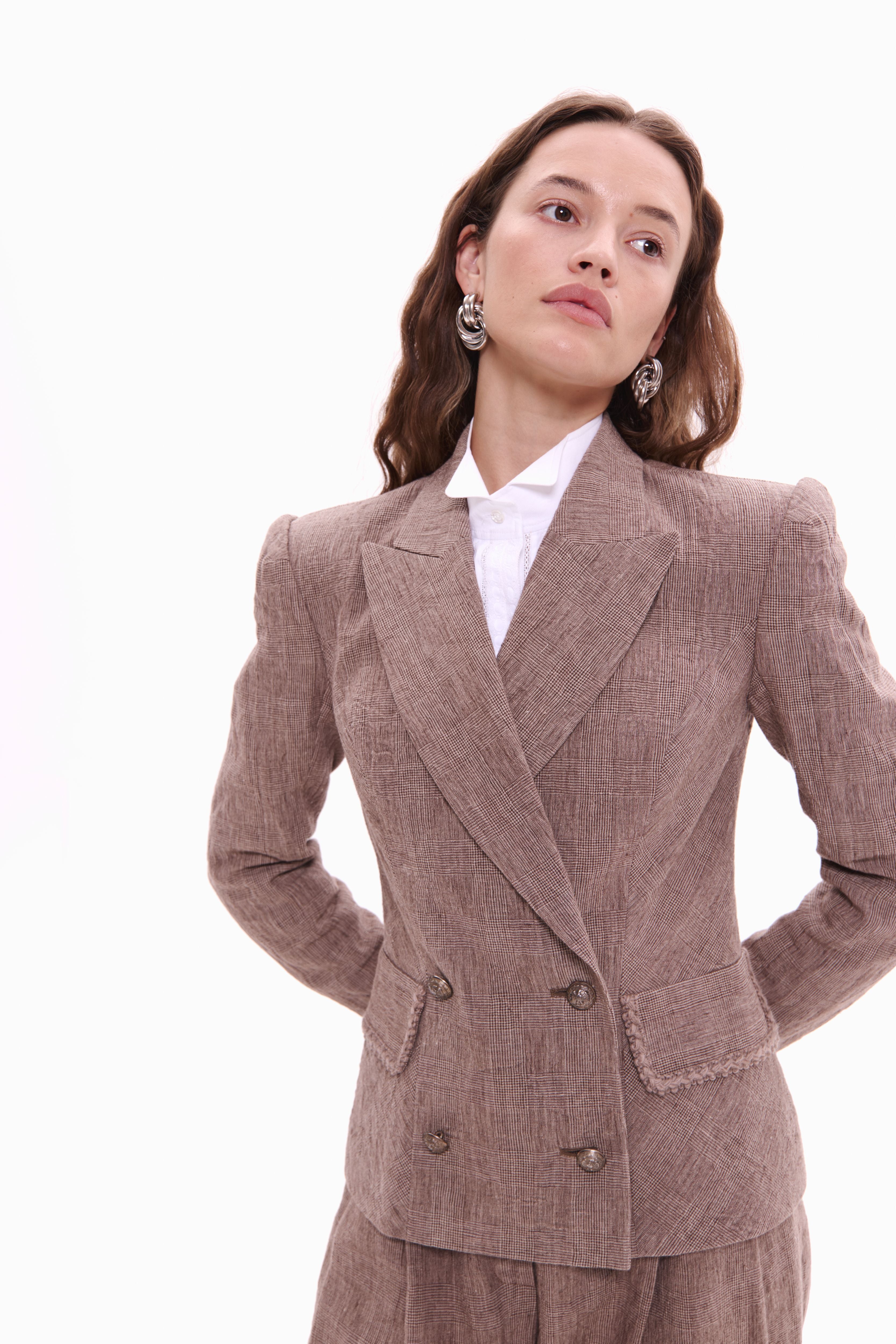 Woman wearing Double-Breasted Linen Jacket Taupe Check by Mimaussy
