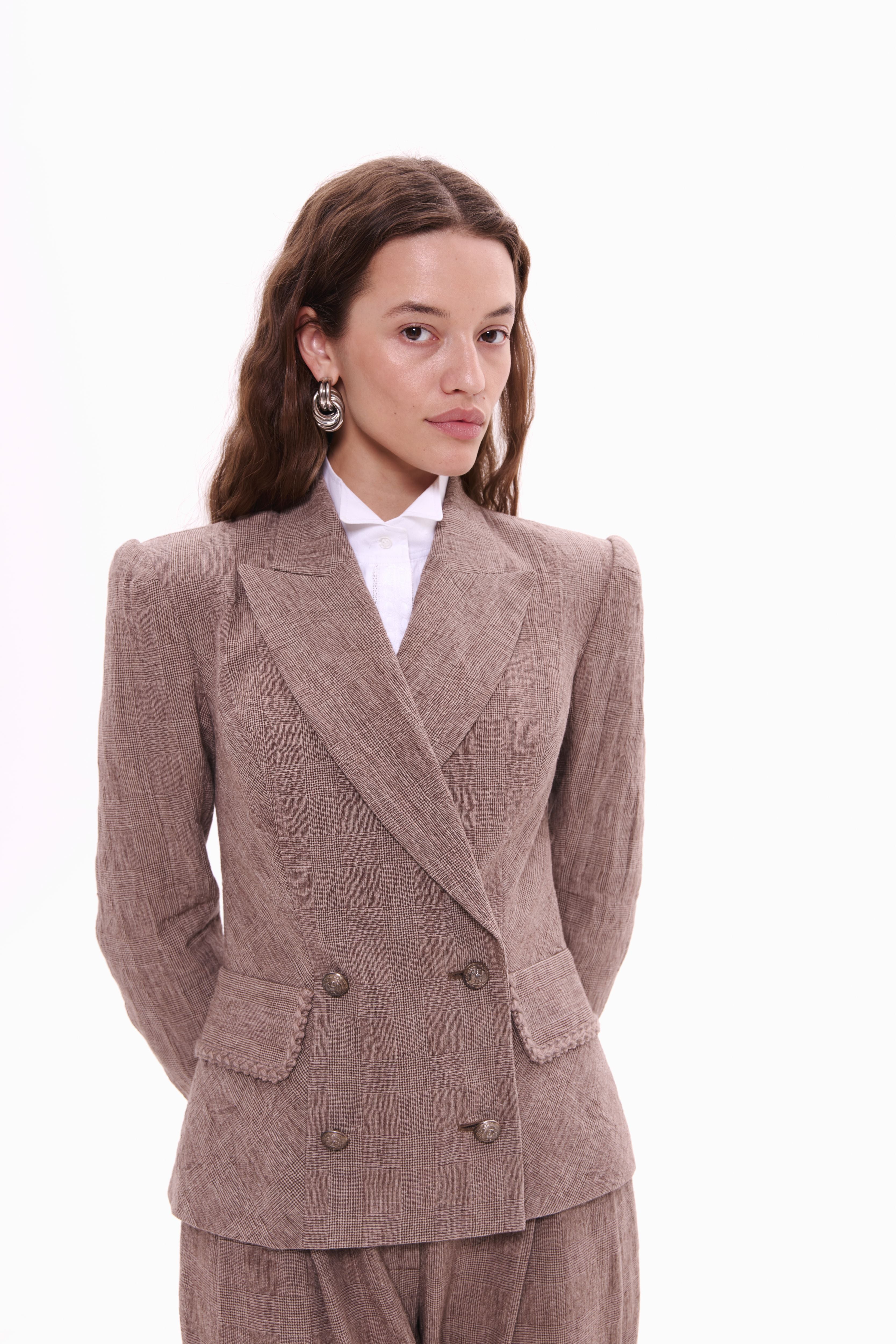 Woman wearing Double-Breasted Linen Jacket Taupe Check by Mimaussy