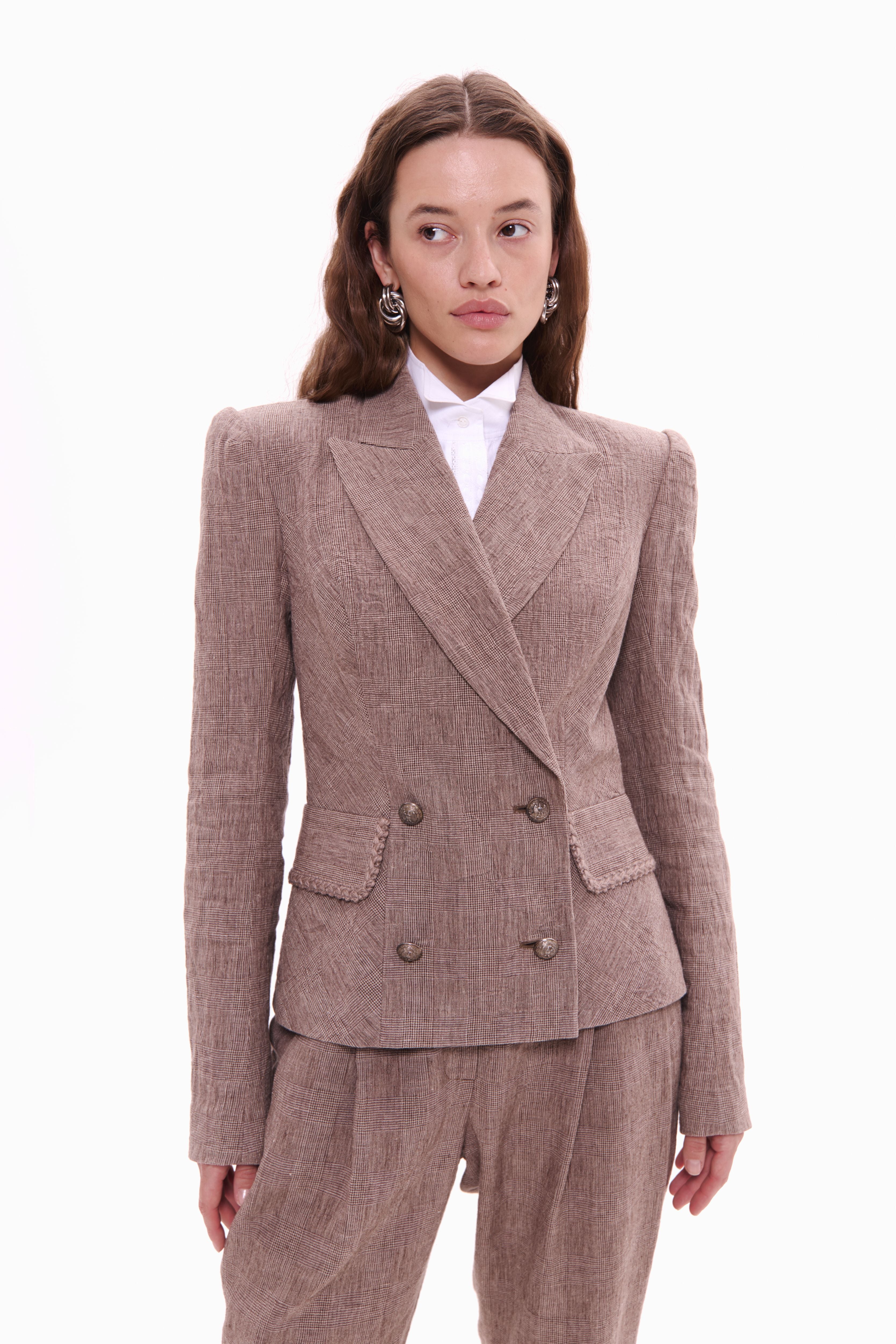 Woman wearing Double-Breasted Linen Jacket Taupe Check by Mimaussy
