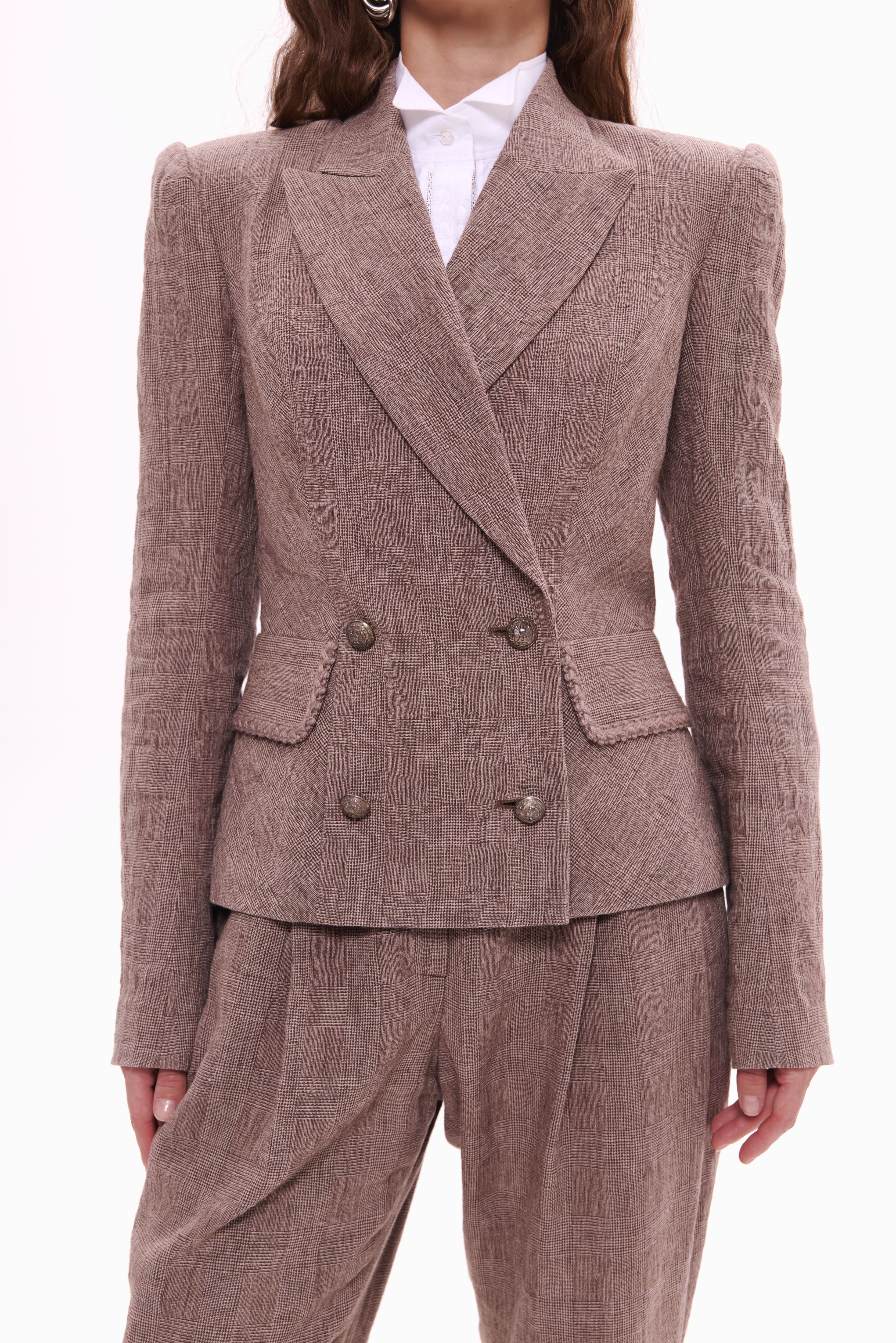 Woman wearing Double-Breasted Linen Jacket Taupe Check by Mimaussy