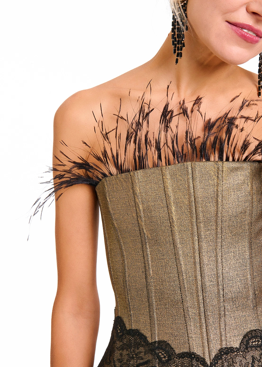 Close-up of a woman wearing the Gold Corset by Mimaussy Paris on a white background