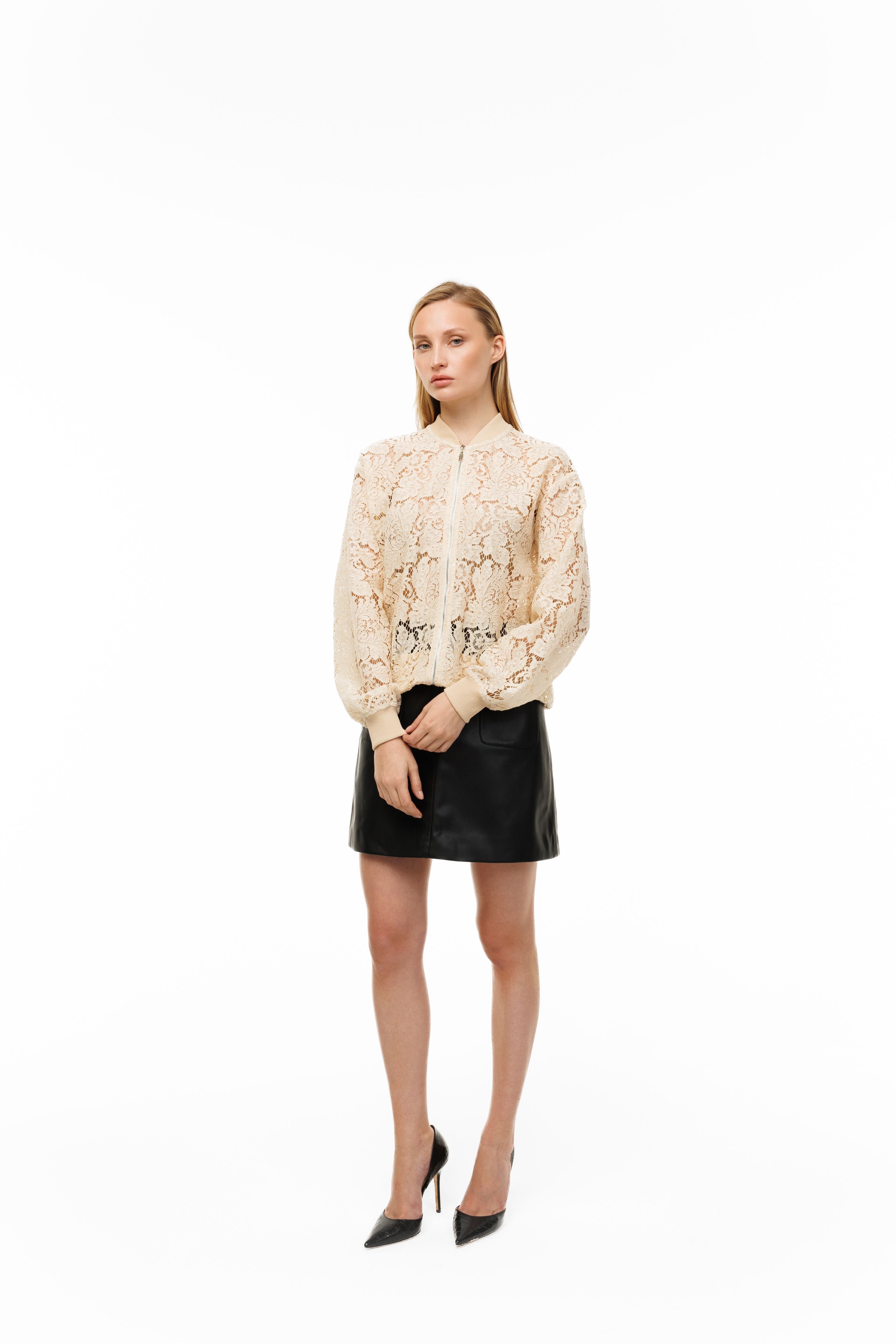 Woman wearing Riviera Lace Bomber by Mimaussy
