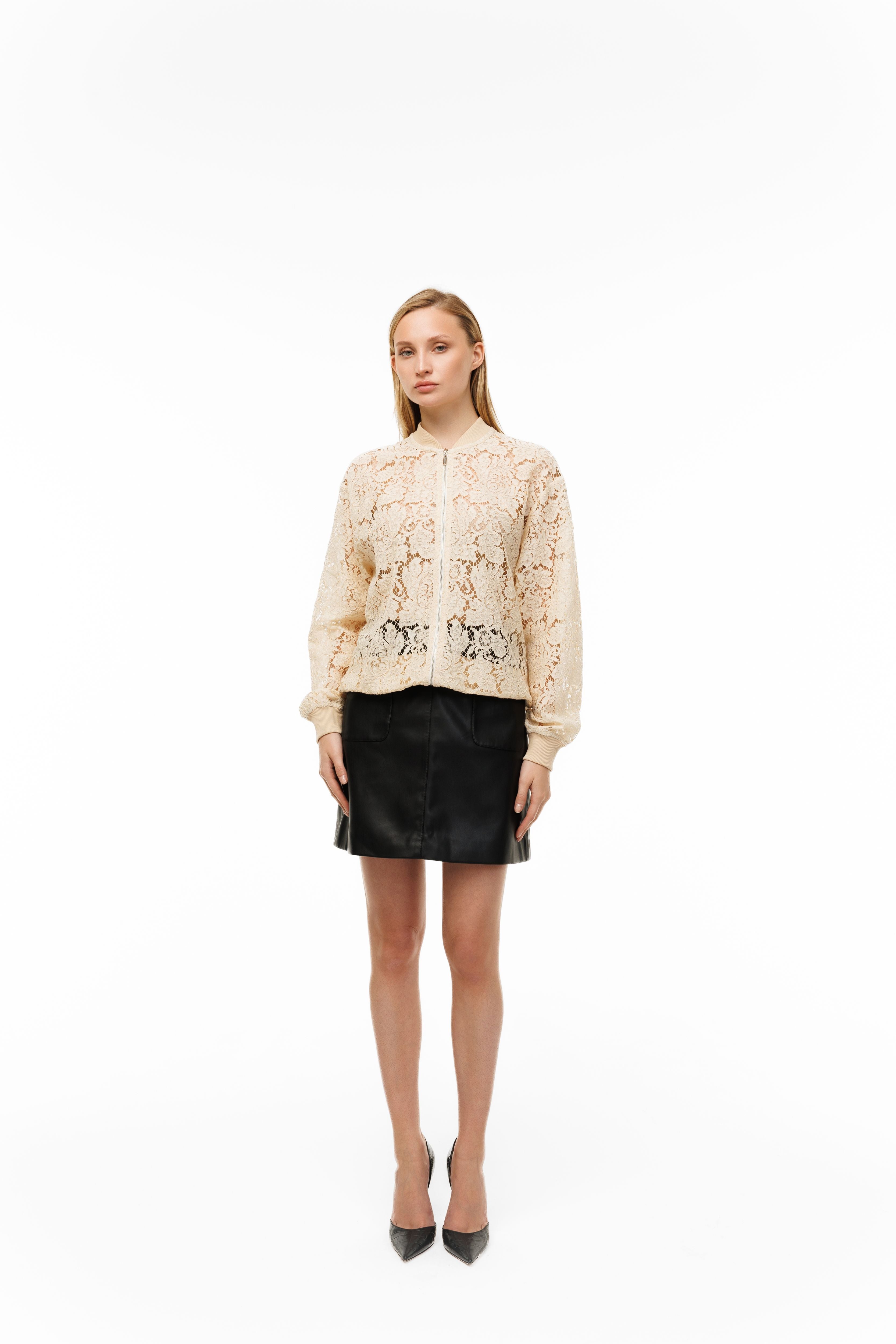 Woman wearing Riviera Lace Bomber by Mimaussy
