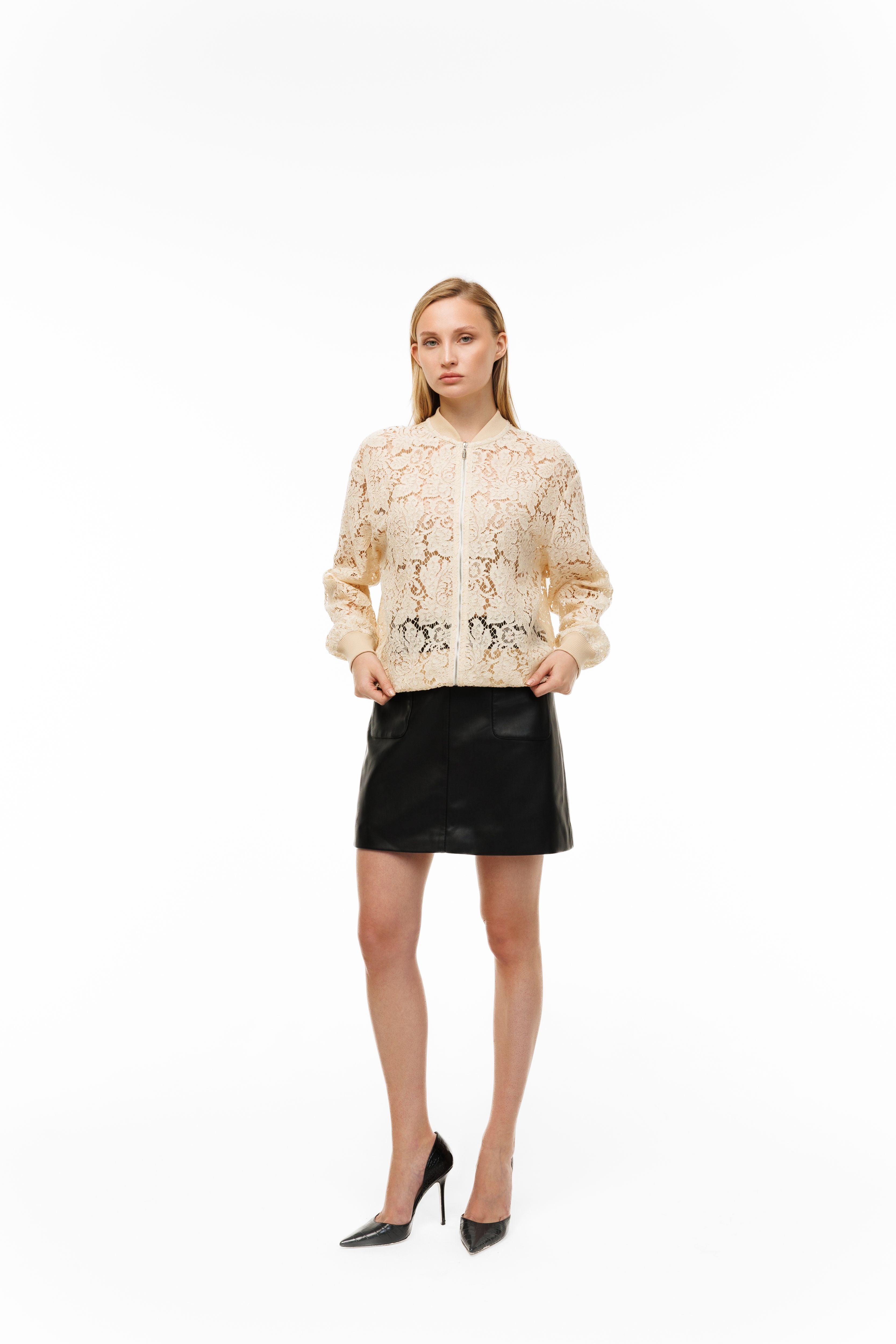 Woman wearing Riviera Lace Bomber by Mimaussy