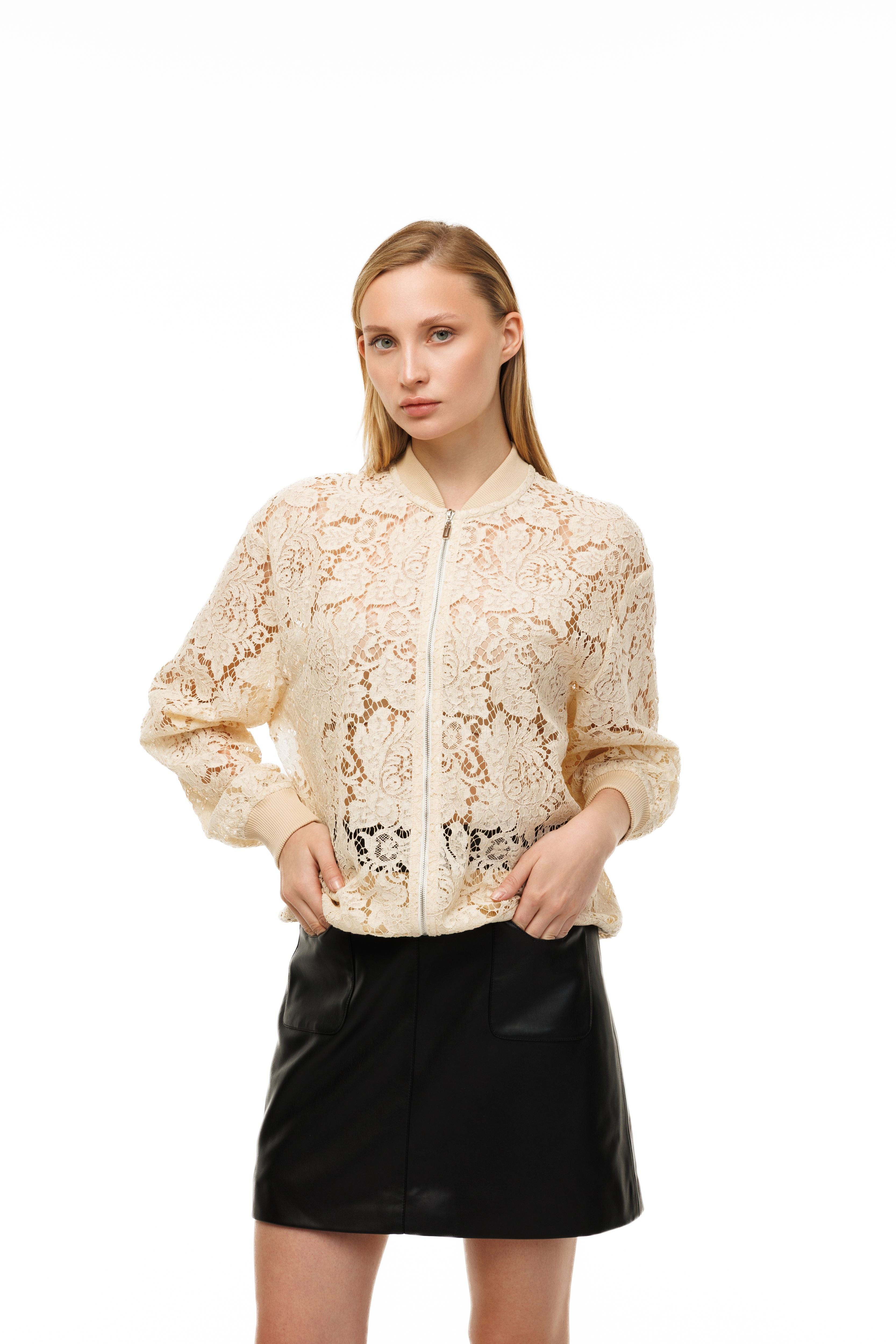 Woman wearing Riviera Lace Bomber by Mimaussy