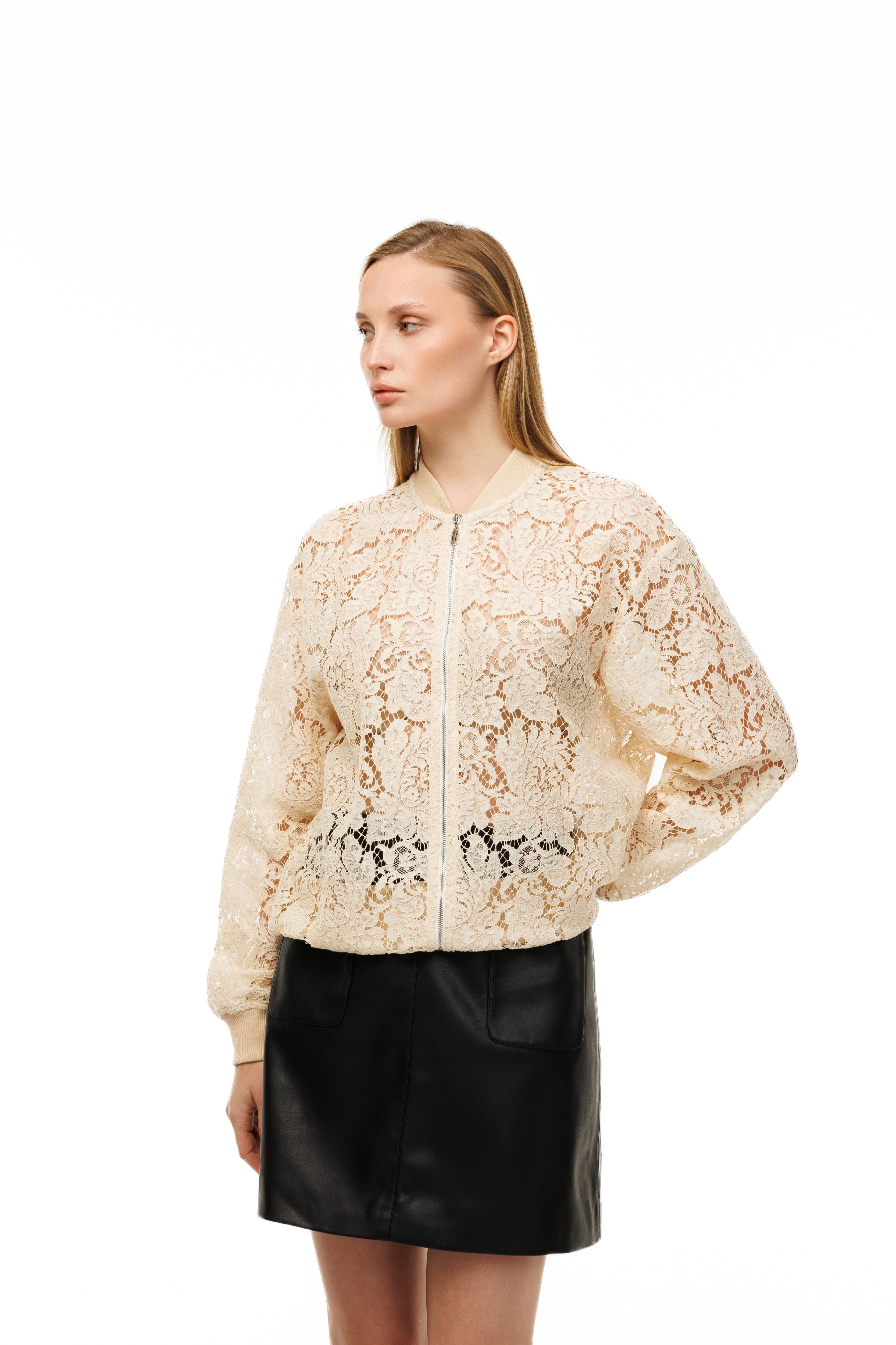 Woman wearing Riviera Lace Bomber by Mimaussy