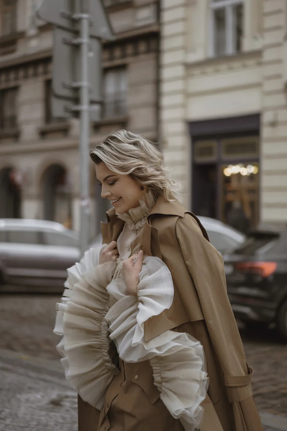 Ruffle Silk Blouse Sensual Whisper in Almond Cream