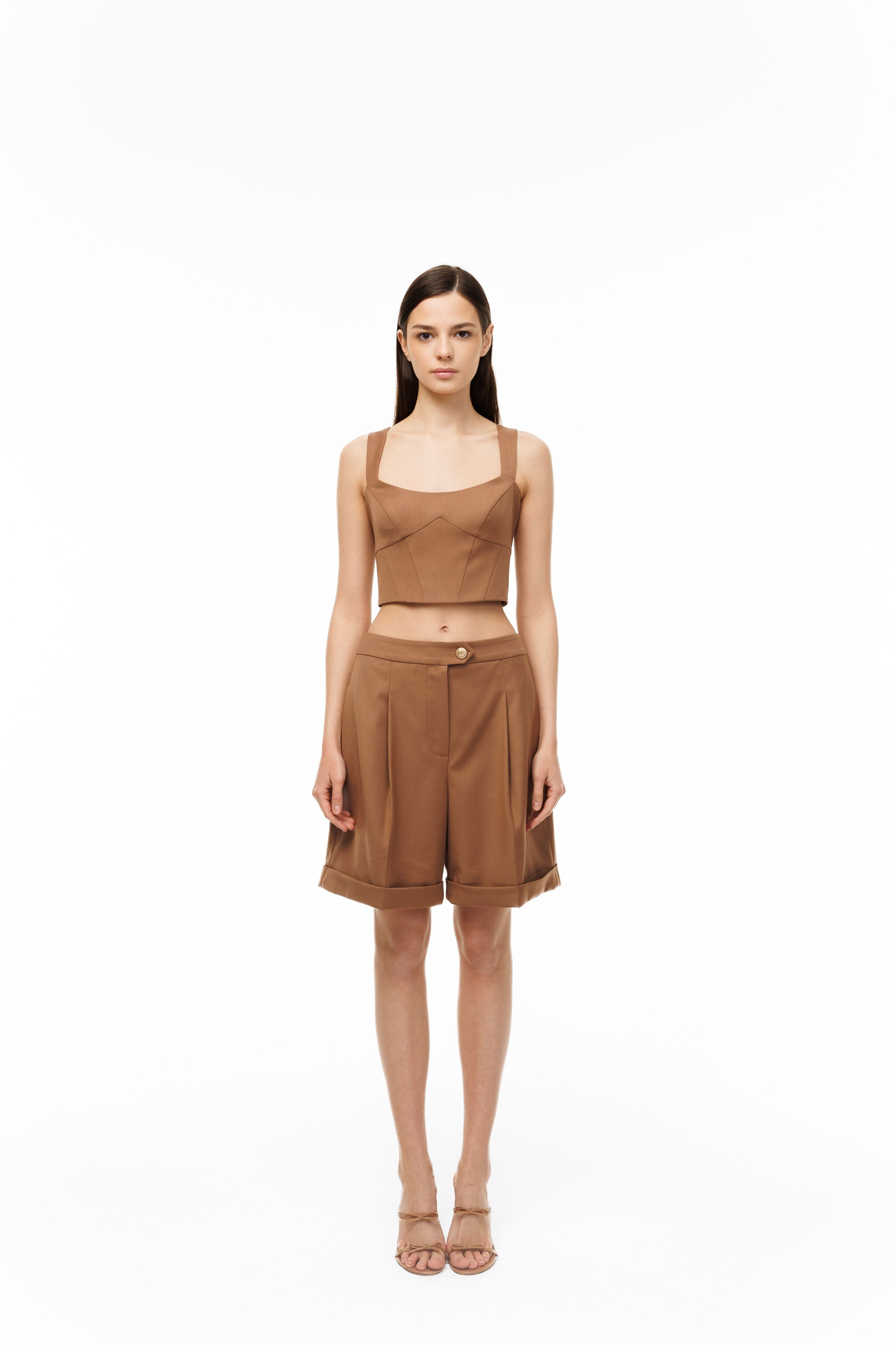 Woman wearing Structured Crop Top Toffee Glaze by Mimaussy