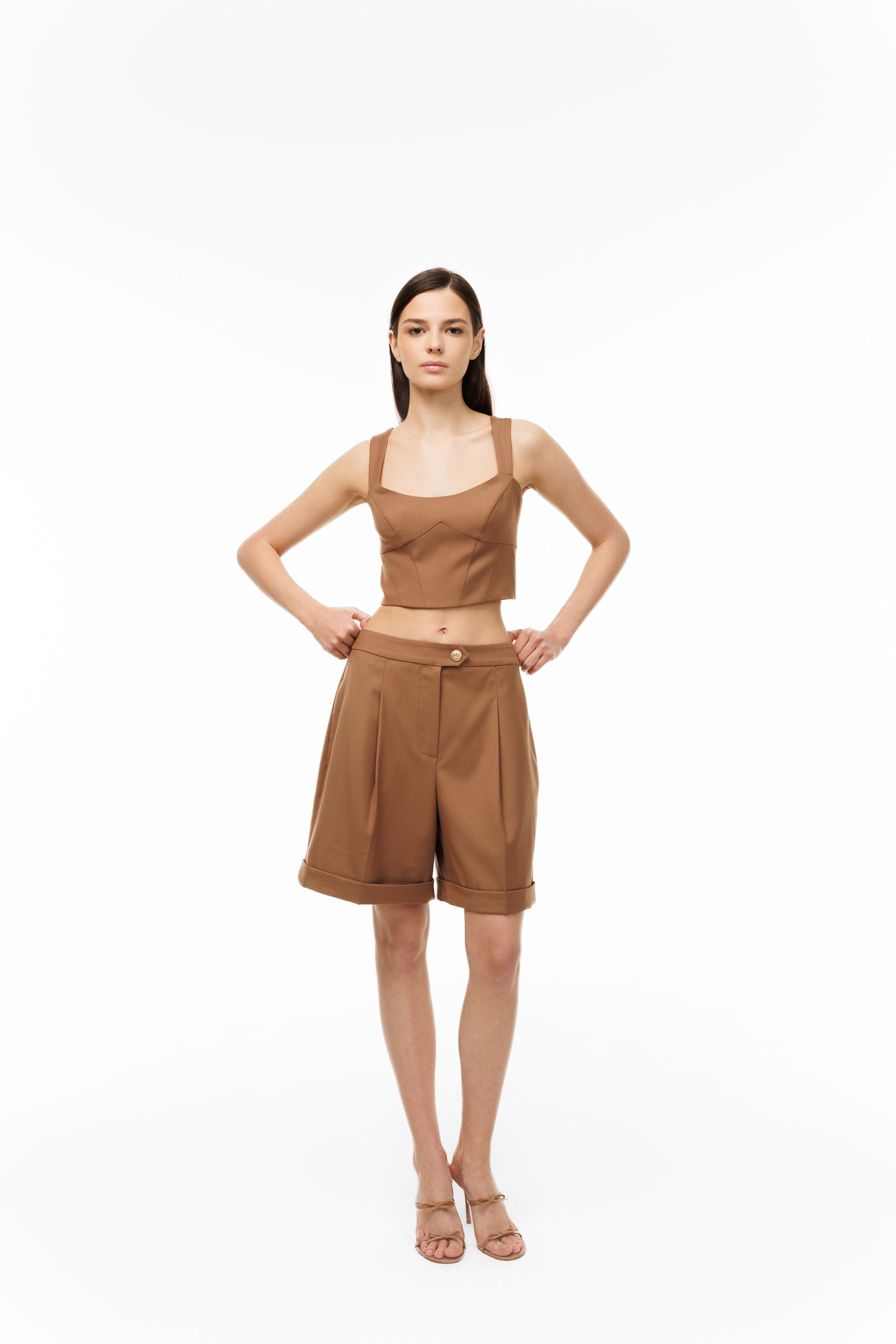 Woman wearing Structured Crop Top Toffee Glaze by Mimaussy