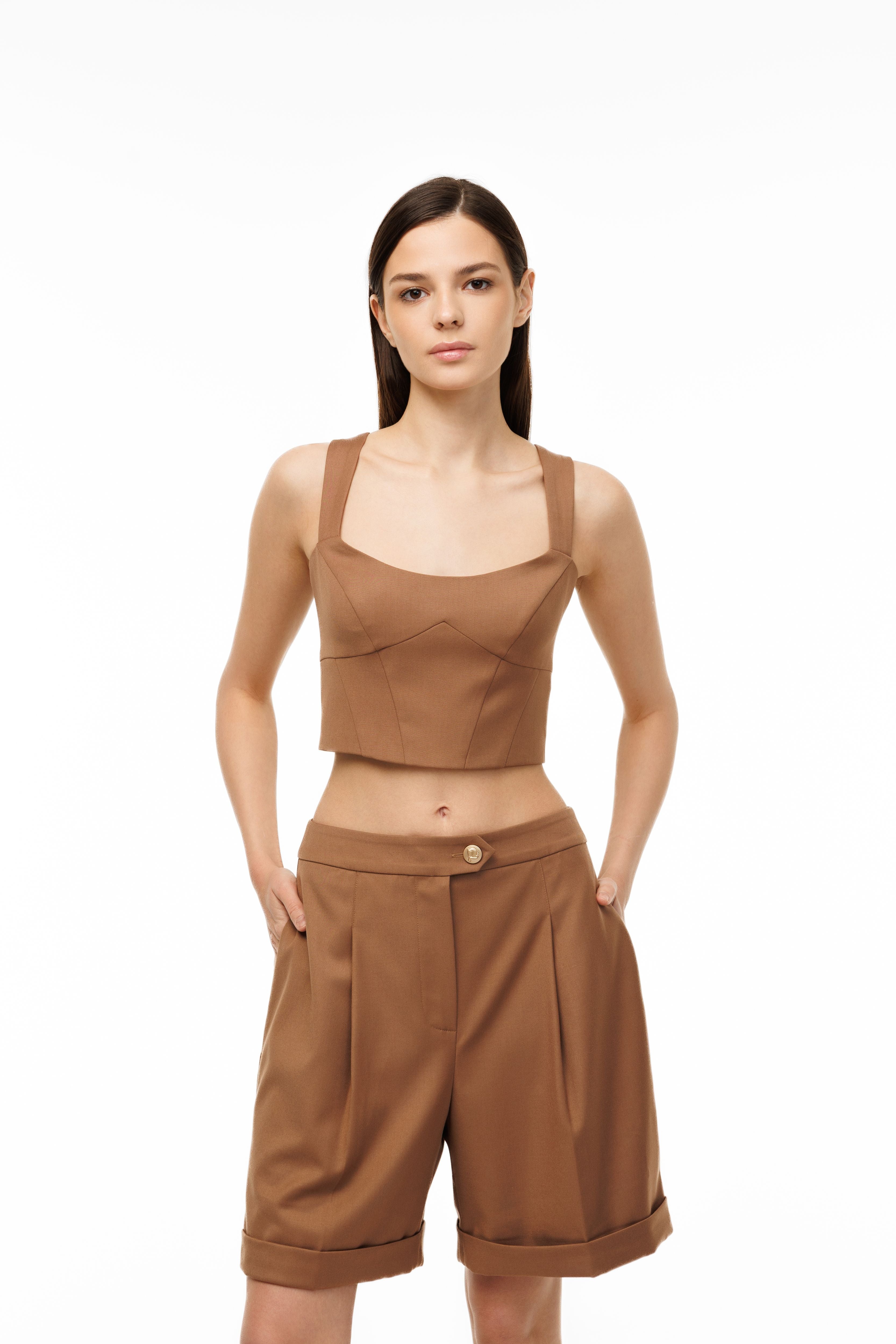 Woman wearing Structured Crop Top Toffee Glaze by Mimaussy