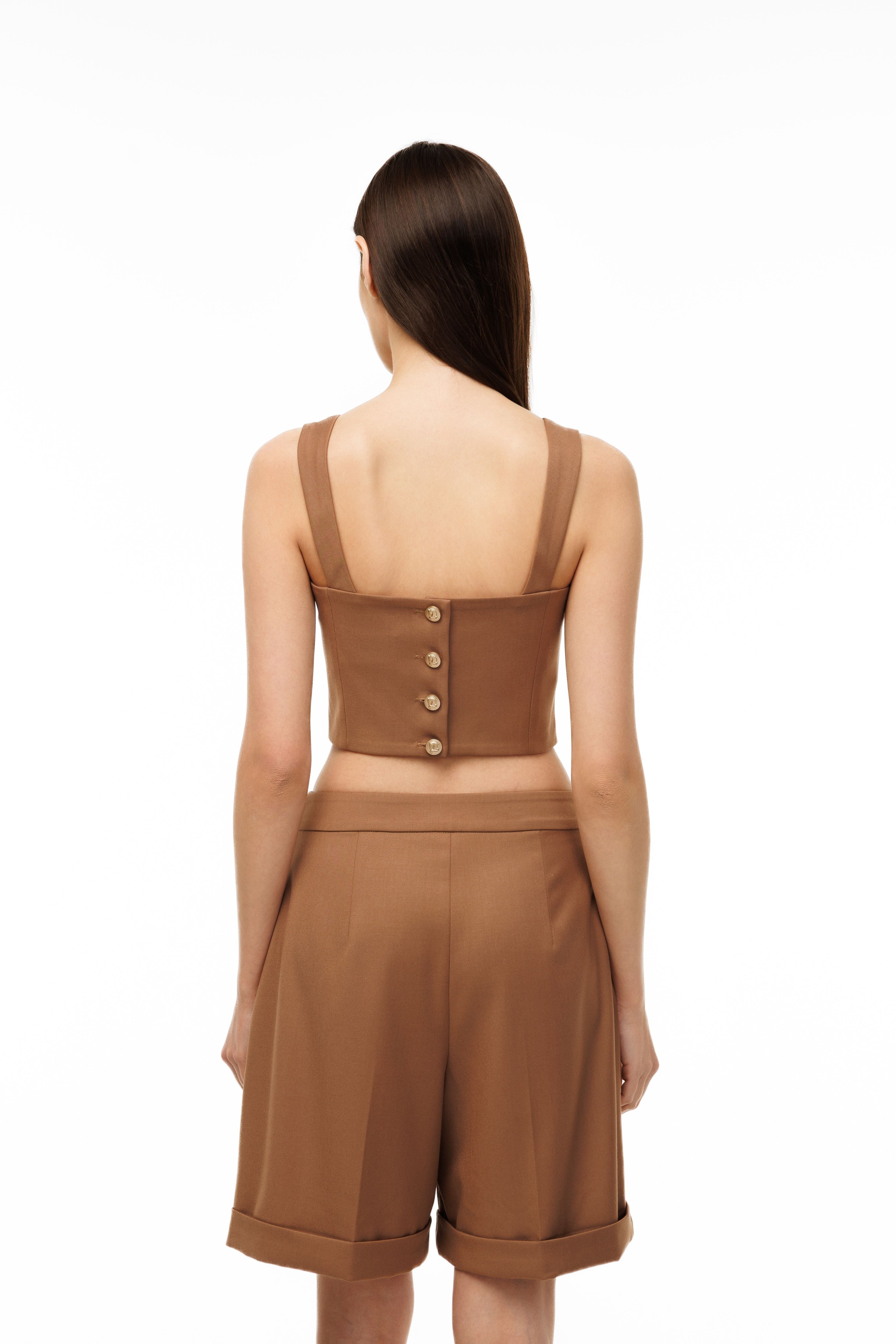 Woman wearing Structured Crop Top Toffee Glaze by Mimaussy